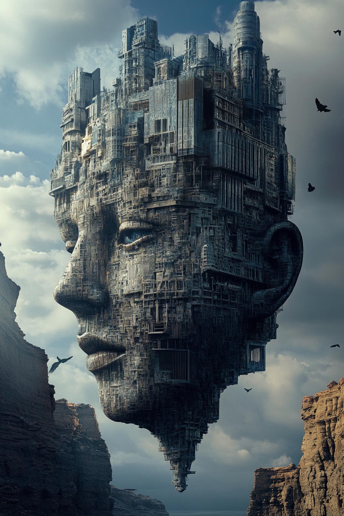 The image that will transfer the viewer to the world of incredible buildings and structures. Try to em something that goes beyond the usual in the image a combination of futuristic elements, ancient motives or completely new architectural forms. Buildings in the form of the head of an unusual animal in the air or above the abyss