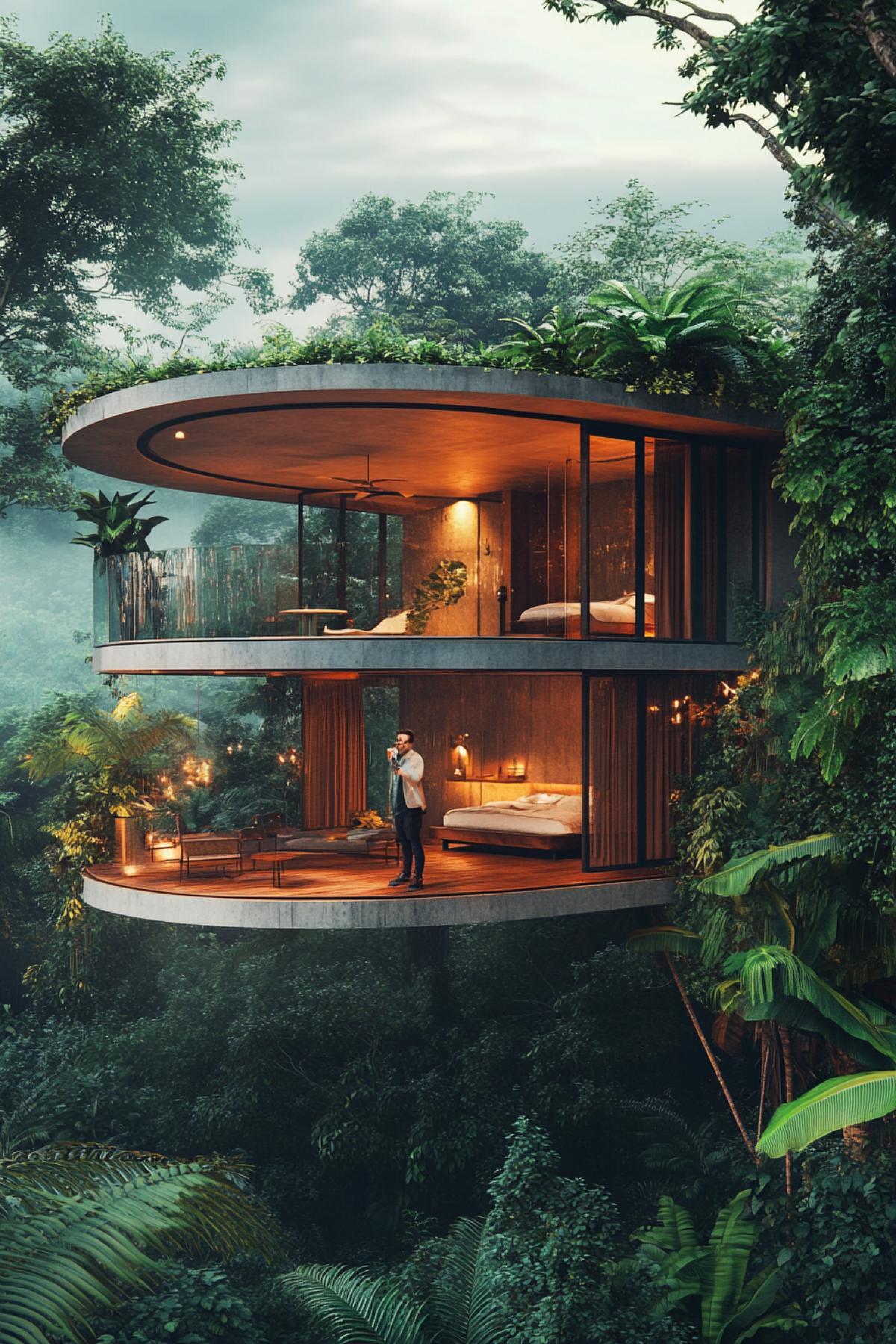 Flying modern cottage in the middle of dense jungle. Ilon Musk stands on the balcony and drinks coffee