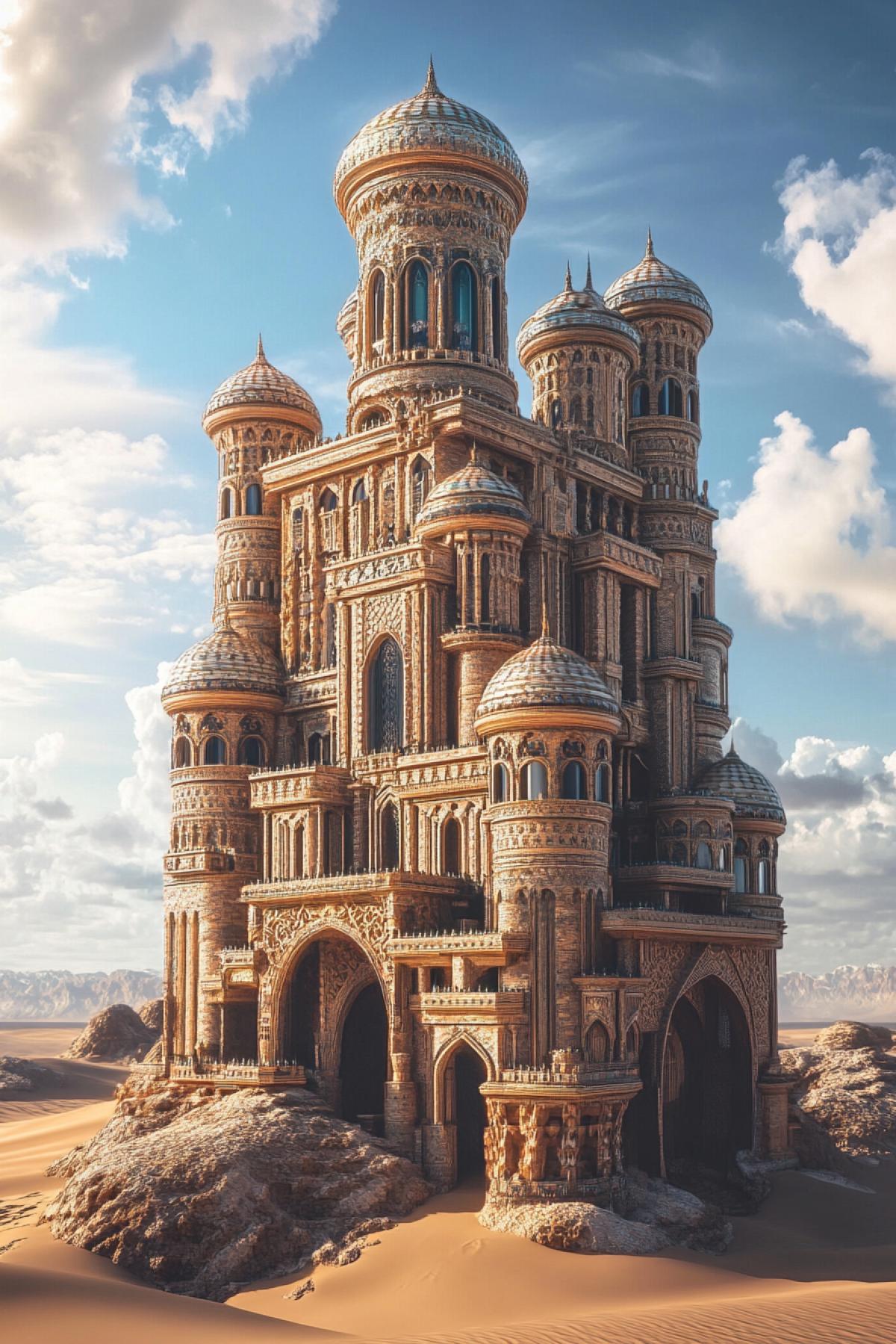 Create an image that will transfer the viewer to the world of incredible buildings and structures. Try to em something that goes beyond the usual in the image a combination of futuristic elements, ancient motives or completely new architectural forms.
