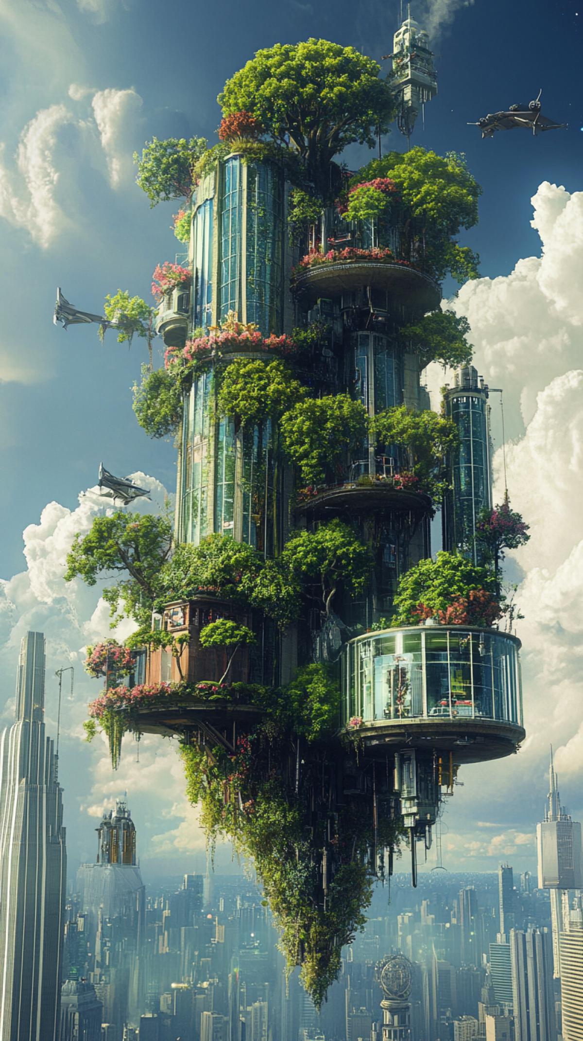 A soaring house, skyscrapers, glass, trees on the house, flowers, on the house, green colors, flying house, turbo engines, magnetic engine, magnets, unearthly technologies, without sharp corners