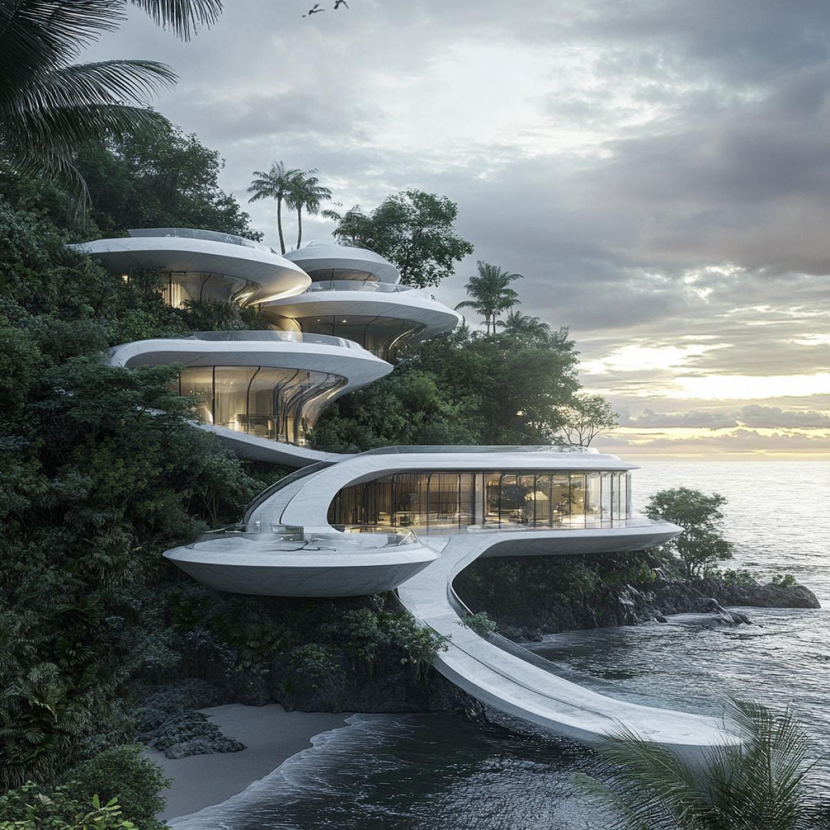 Futuristic building office on the seashore and jungle
