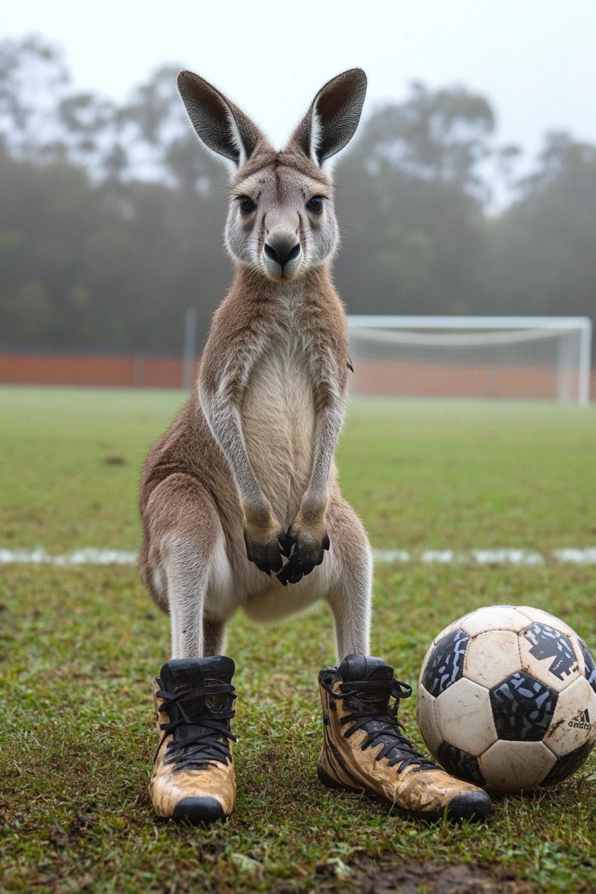 Kangaroo in football boots on a football field with a Mandetaileder United Mandetaileder Field