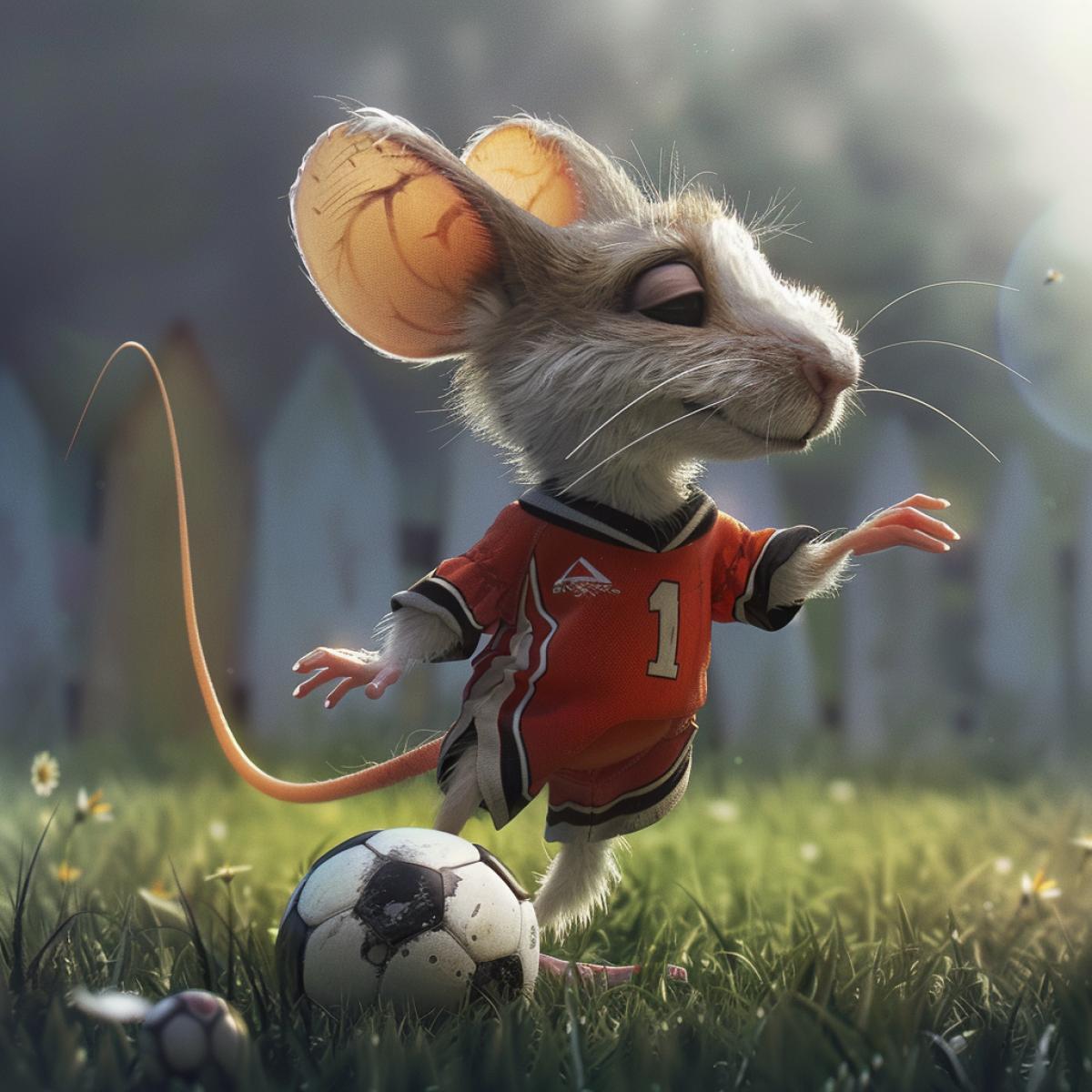The mouse in football uniform is worth your foot on a dark and white soccer ball