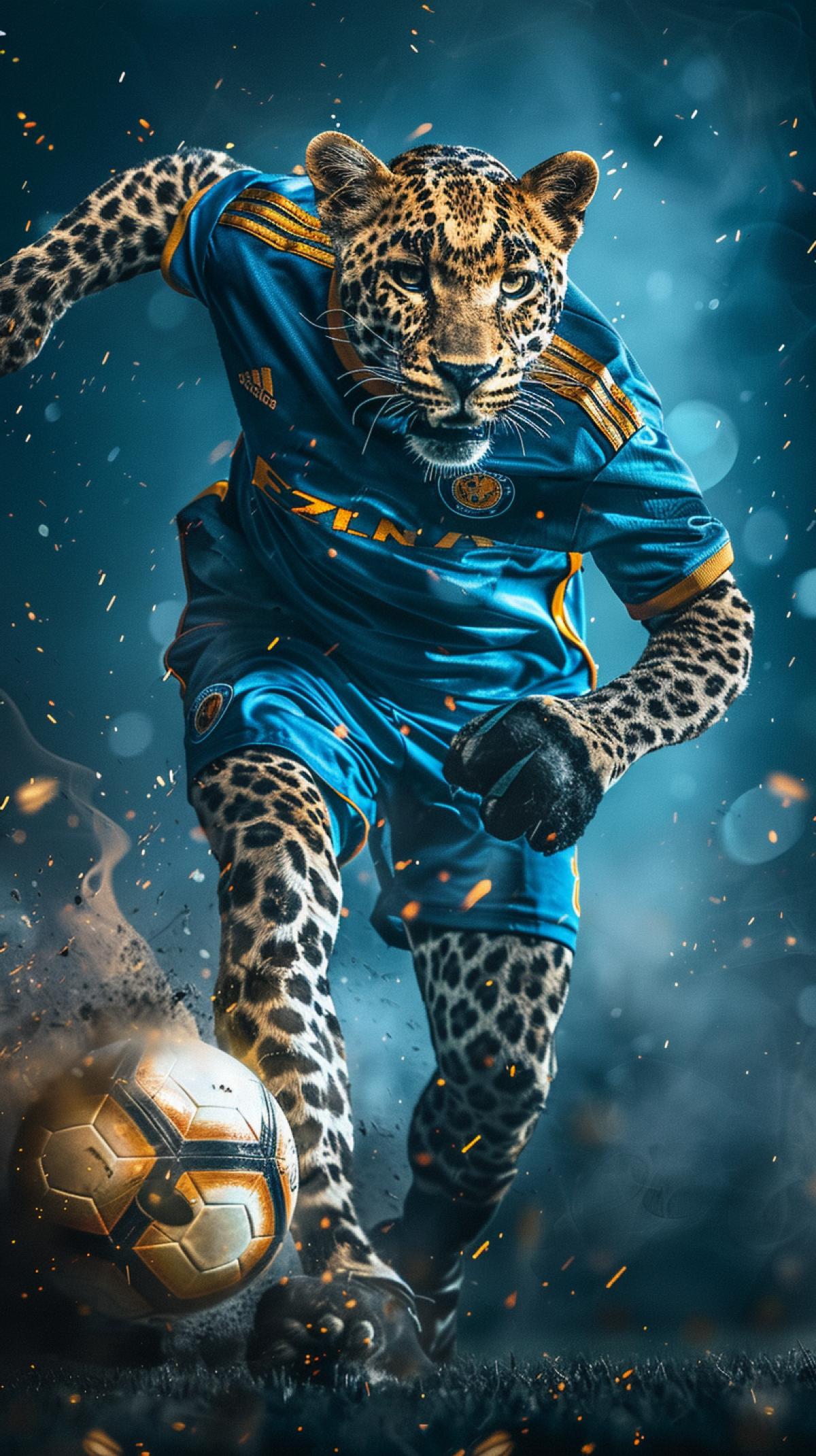 The leopard dressed in the football uniforms FC Zenit, hits the ball in a fall, dynamic 4k, highquality photograph, atmosphere of a football match,