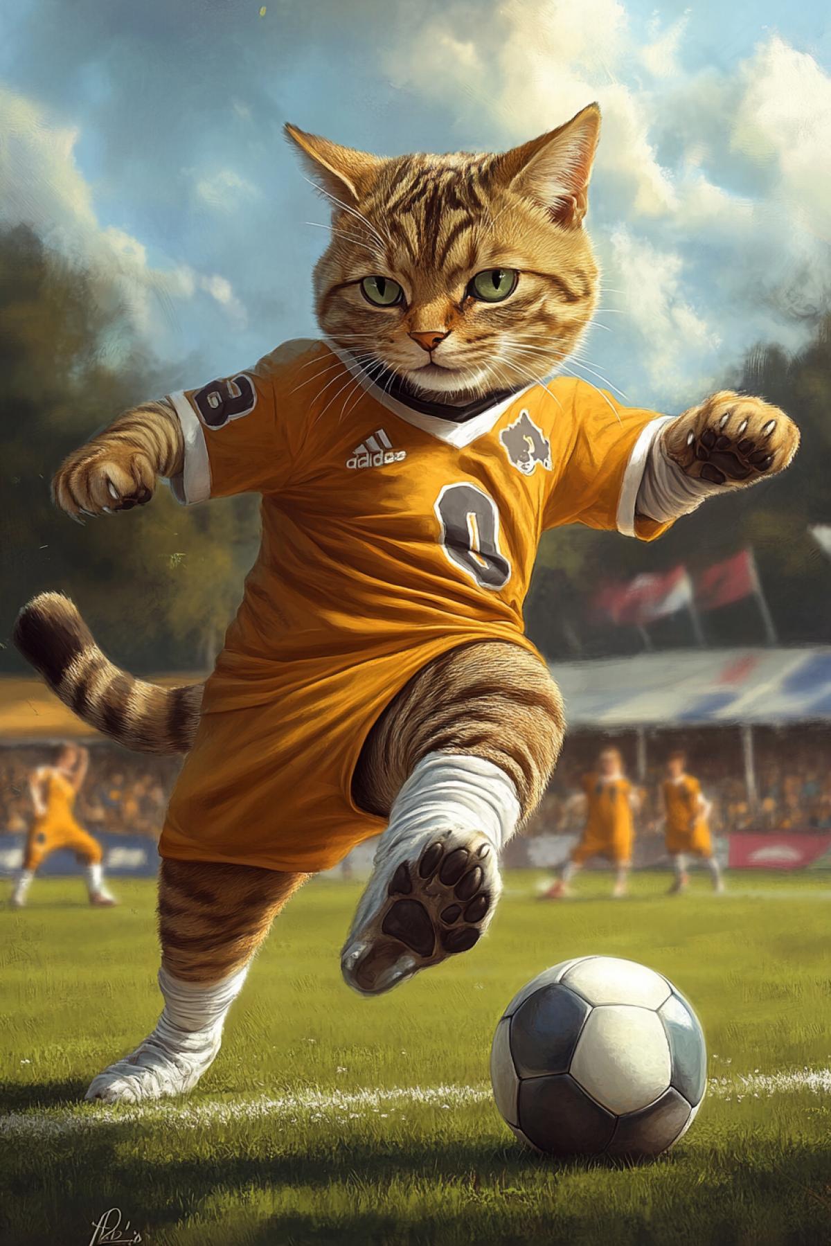 Imagine that animals become stars of a football field. In this competition, your task is to create images where different animals (whether cats, dogs, lions or exotic representatives of the fauna) are dressed in a football uniform, with a ball at the feet and in dynamic 4ks.