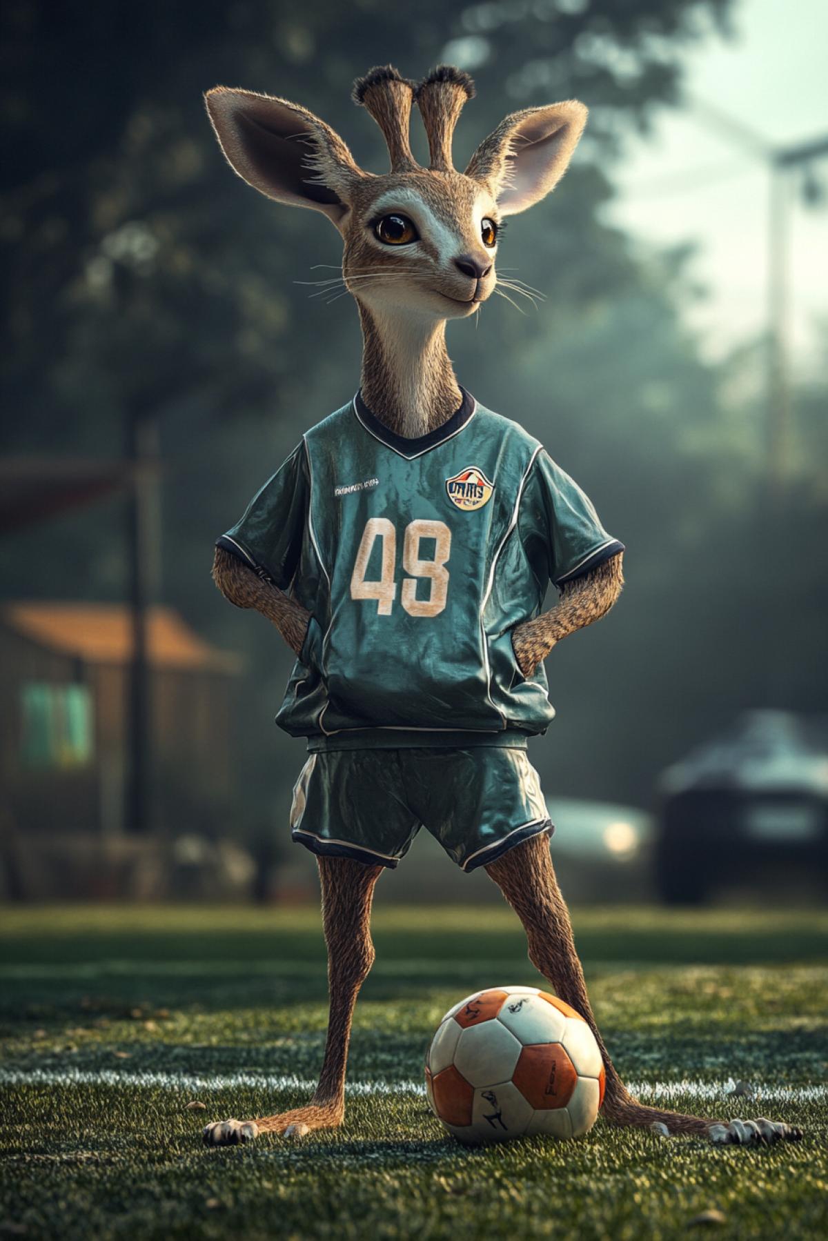 Imagine that animals become stars of a football field. In this competition, your task is to create images where different animals (whether it be, dogs, hares or exotic representatives of fauna) are dressed in a football uniform, with a ball at the feet and in dynamic 4ks.