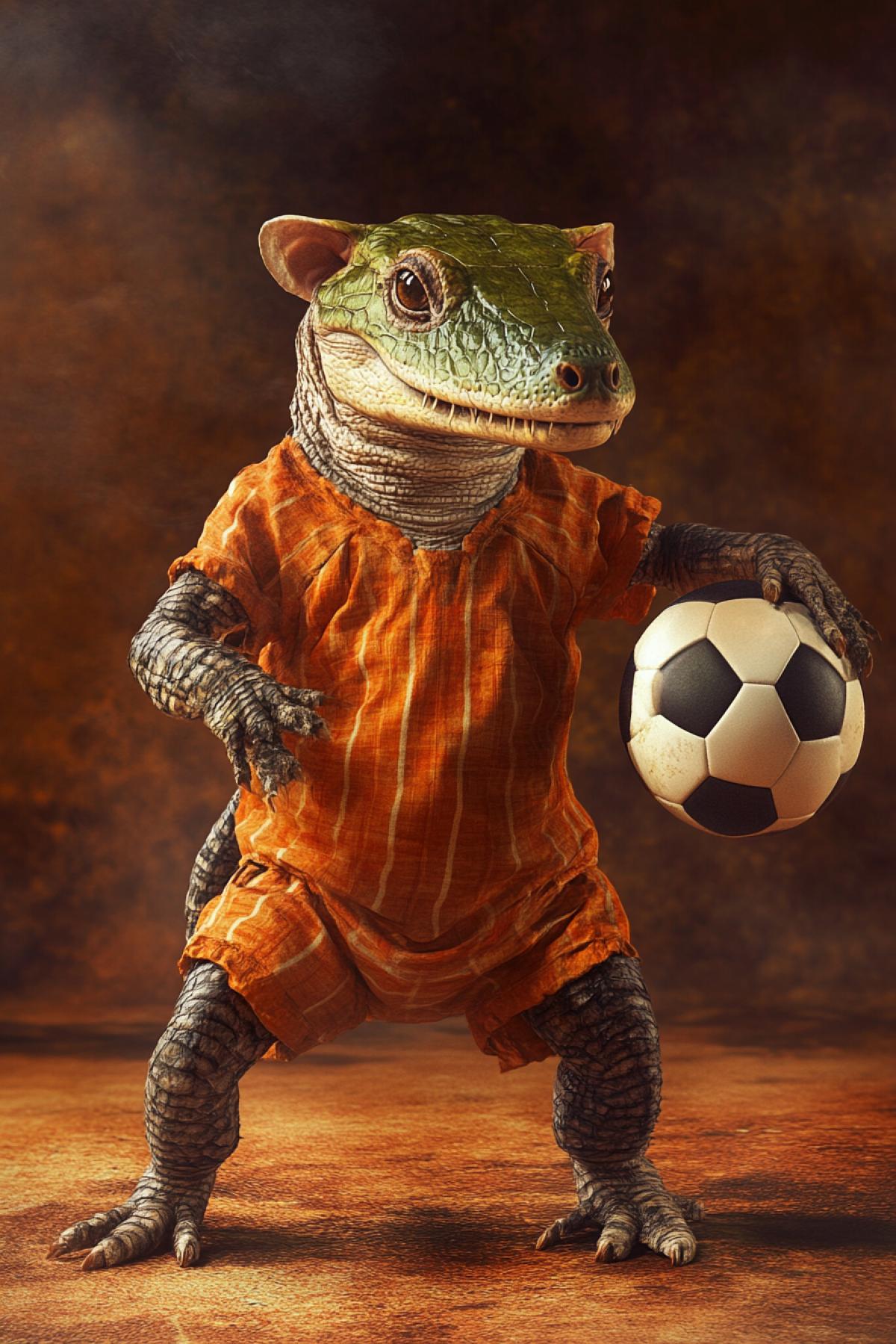 Imagine that animals become stars of a football field. In this competition, your task is to create images where different animals (whether it be mice, lizards, turtles, crocodiles or exotic representatives of the fauna) are dressed in a football form, with a ball at the feet and in dynamic 4ks.