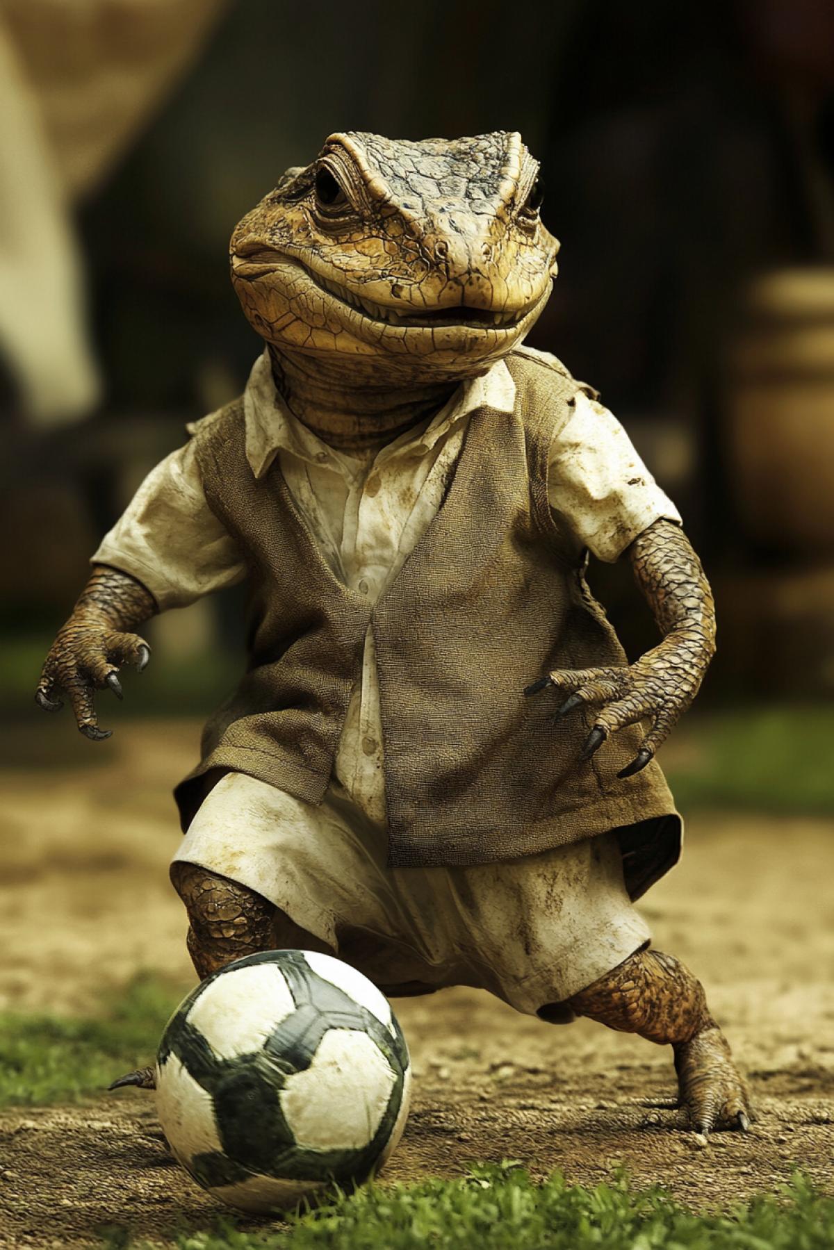 Imagine that animals become stars of a football field. In this competition, your task is to create images where different animals (whether it be mice, lizards, turtles, crocodiles or exotic representatives of the fauna) are dressed in a football form, with a ball at the feet and in dynamic 4ks.