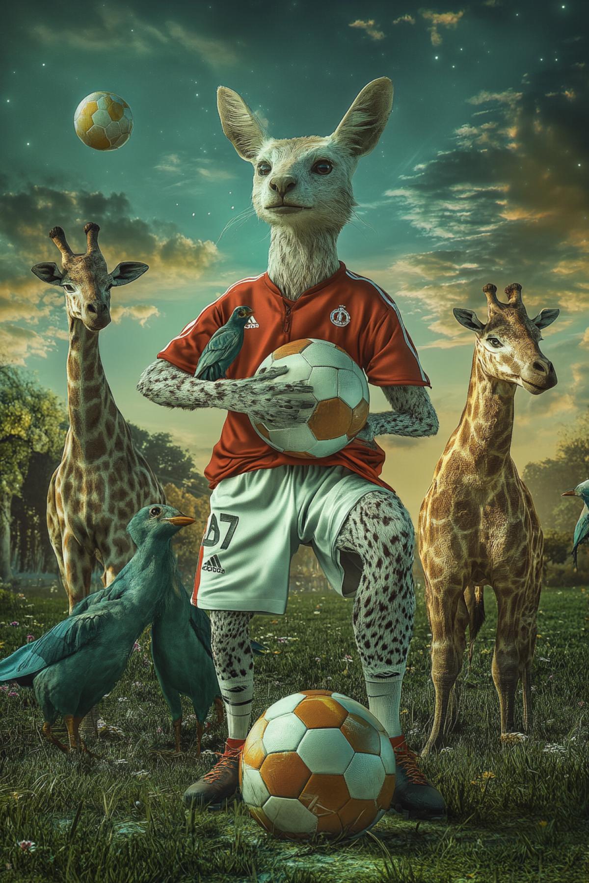 Imagine that animals become stars of a football field. In this competition, your task is to create images where different animals are dressed in a football form, with a ball at the feet and in dynamic 4ks.