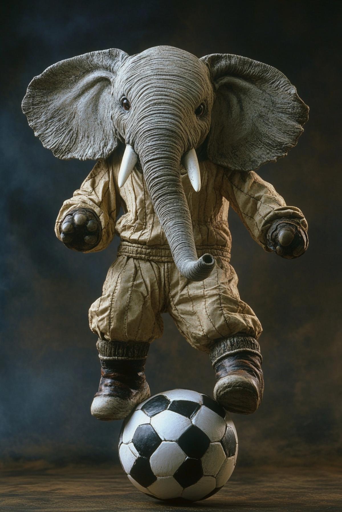 Elephant in football uniforms standing a leg on a dark and white soccer ball