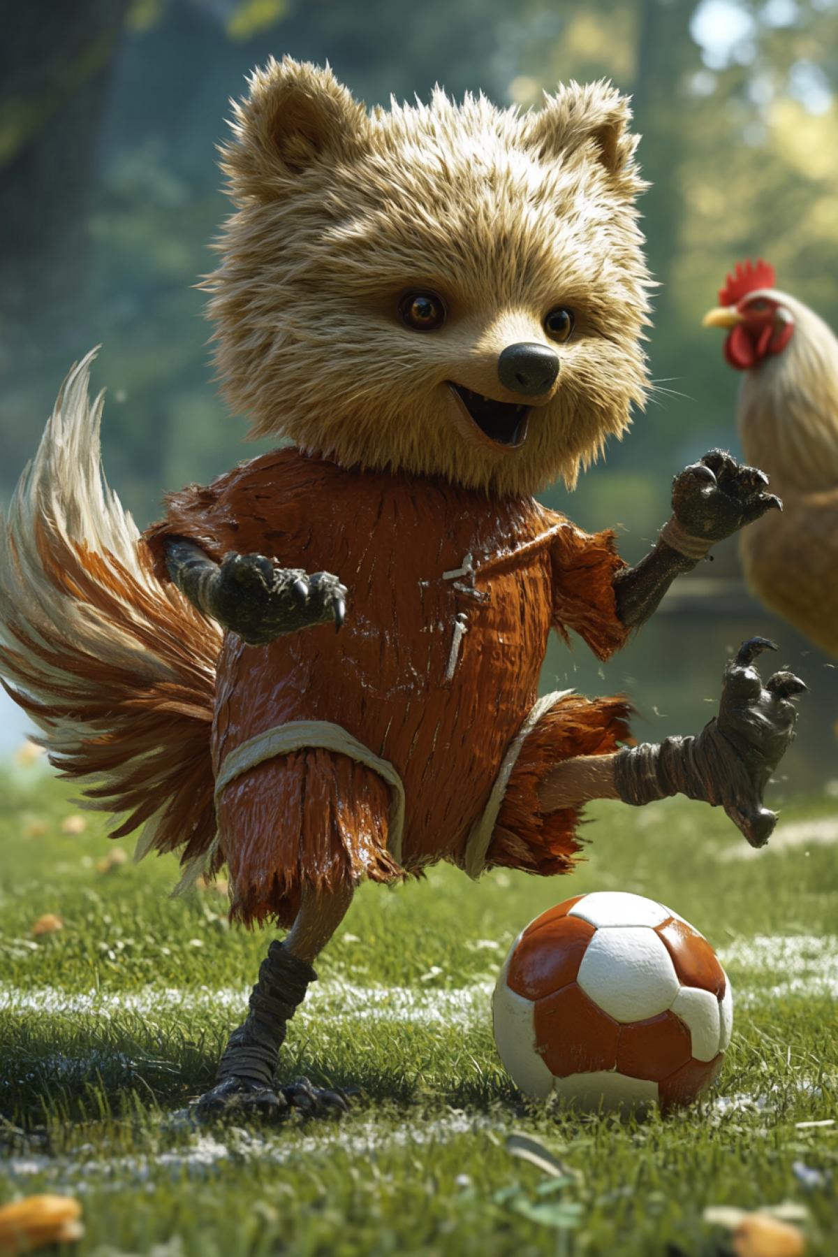 Create images where different animals (bear, rooster, fox, dog) are dressed in a football shape, with a ball at the feet and in dynamic 4ks.