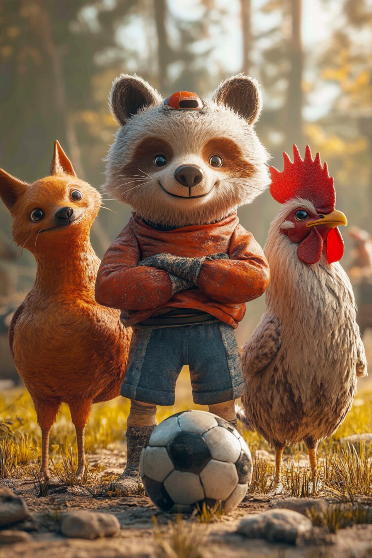 Create images where different animals (bear, rooster, fox, dog) are dressed in a football shape, with a ball at the feet and in dynamic 4ks.