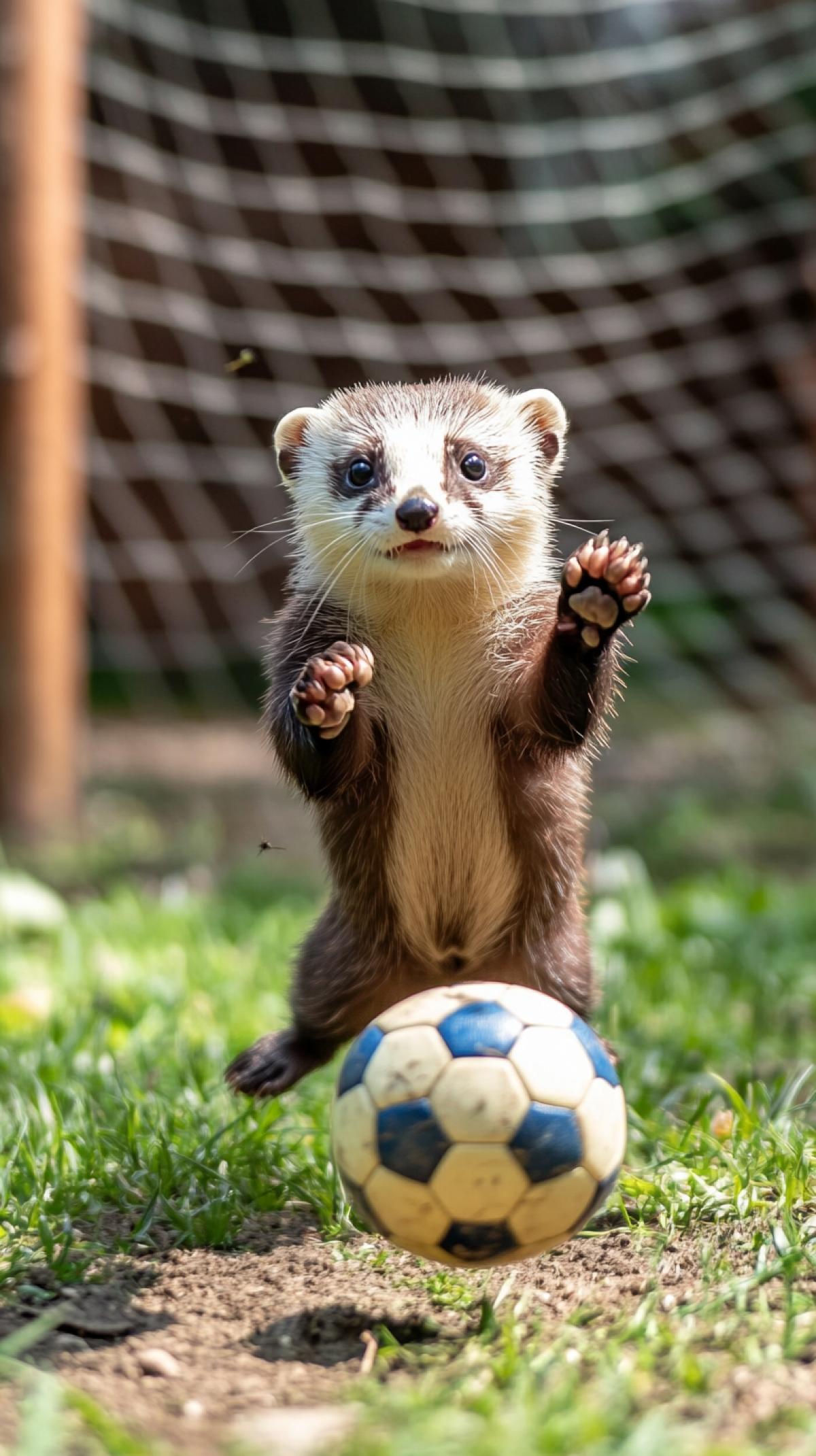 Animal ferrets play football, a ball at the feet.  Dynamics, speed flies flies