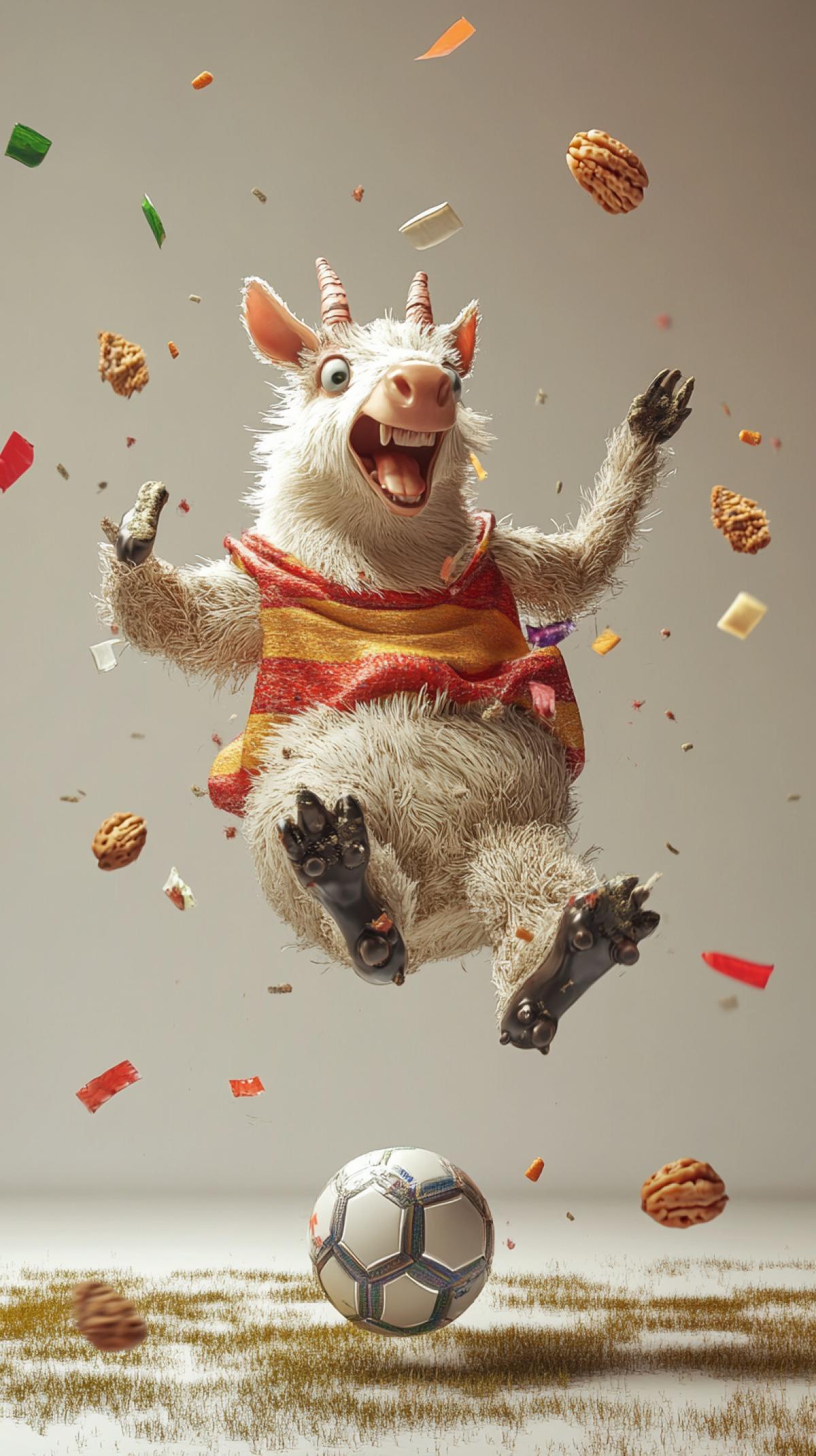 Animals are dressed in a foodball form play football, a ball at the feet.  Dynamics, speed flies flies