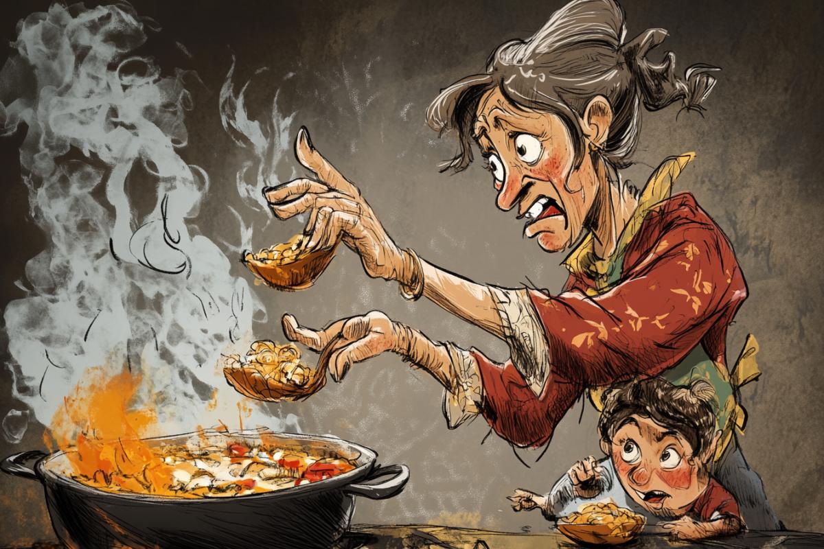 Caricature for March 8. A woman agonyd with 6 hands cooks food, erases, strokes, holds a child. And its all at the same time