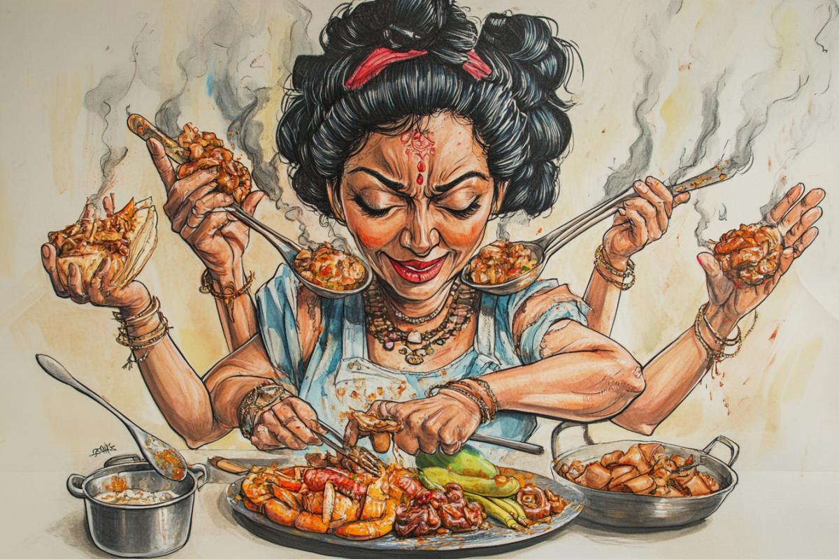 Caricature for March 8. A woman agonyd with 6 hands cooks food, erases, strokes, holds a child. And its all at the same time