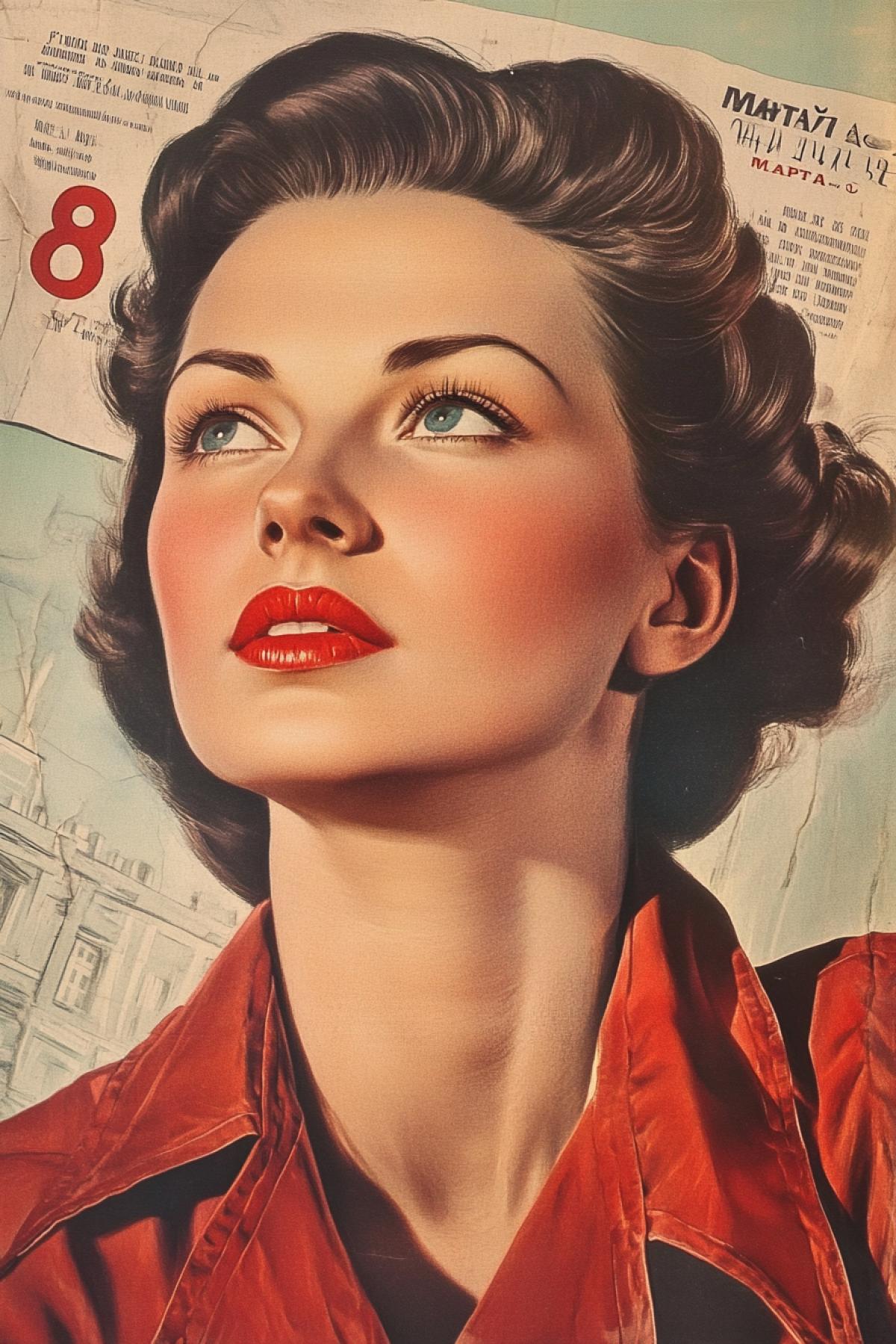 A 1950 photo, feminist revolutionary propaganda, With the text \"8 MAPTA\", beautiful Woman, Socialist Realism, Photorealism, hyper details