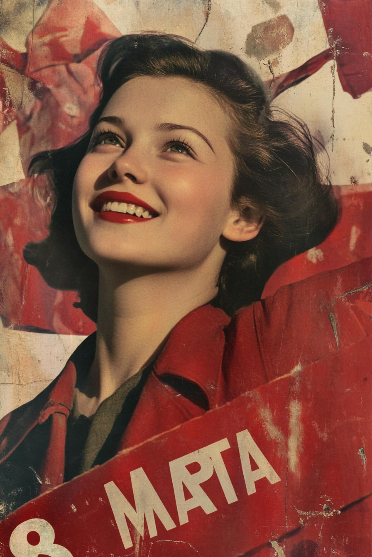 A 1950 photo, feminist revolutionary propaganda, With the text \"8 MAPTA\", beautiful Woman, Socialist Realism, Photorealism, hyper details
