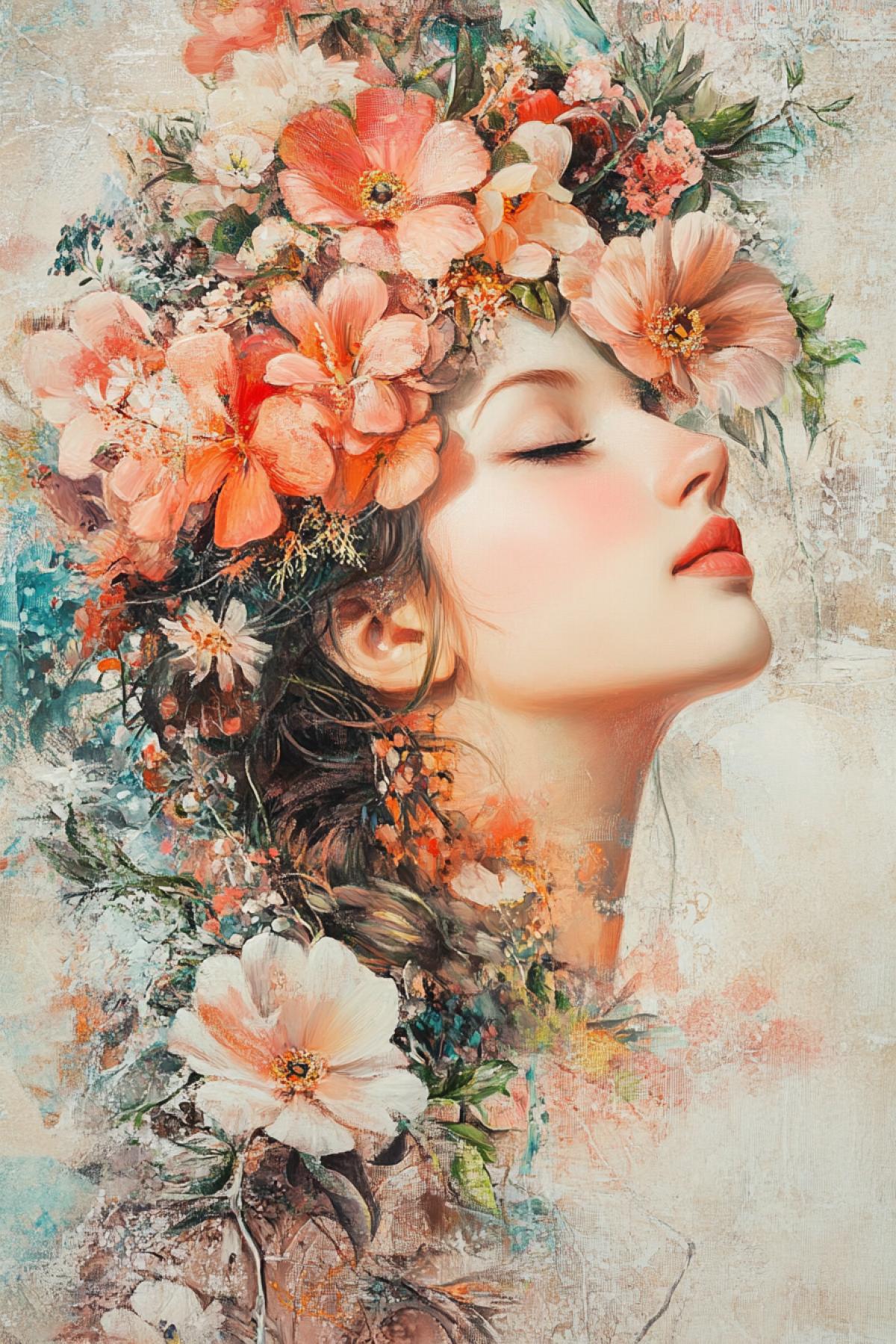 Create an image that will convey the entire atmosphere of the holiday the tenderness and beauty of women. The image can include floral motifs, symbols of spring, female portraits or abstract art, reflecting the warmth and joy of the holiday on March 8