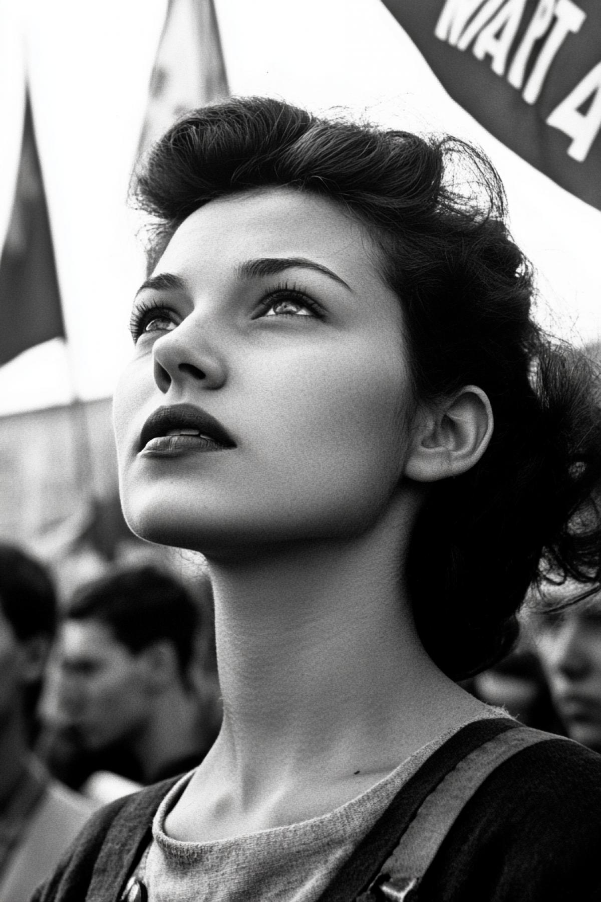 A 1950 photo, feminist revolutionary propaganda, With the text \"8 MAPTA\", beautiful Woman, Socialist Realism, Photorealism, hyper details