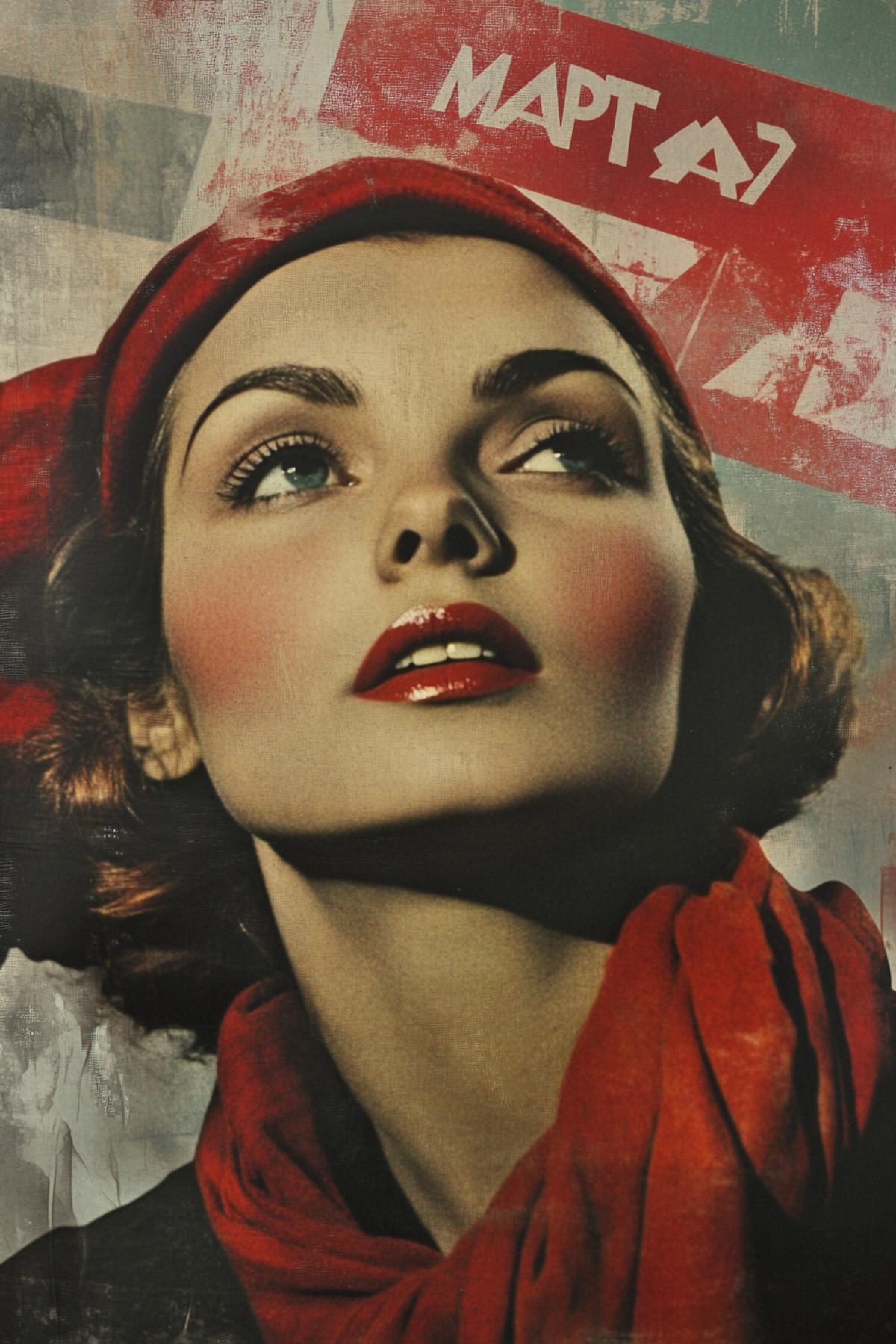 A 1950 photo, feminist revolutionary propaganda, With the text \"8 MAPTA\", beautiful Woman, Socialist Realism, Photorealism, hyper details