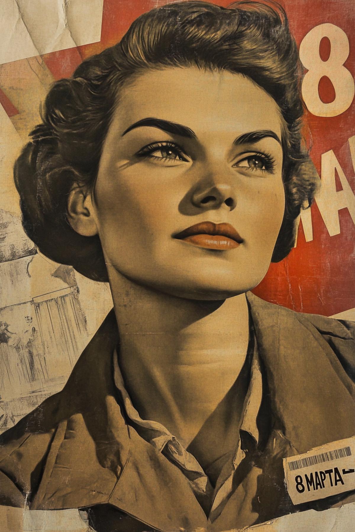 A 1950 photo, feminist revolutionary propaganda, With the text \"8 MAPTA\", beautiful Woman, Socialist Realism, Photorealism, hyper details