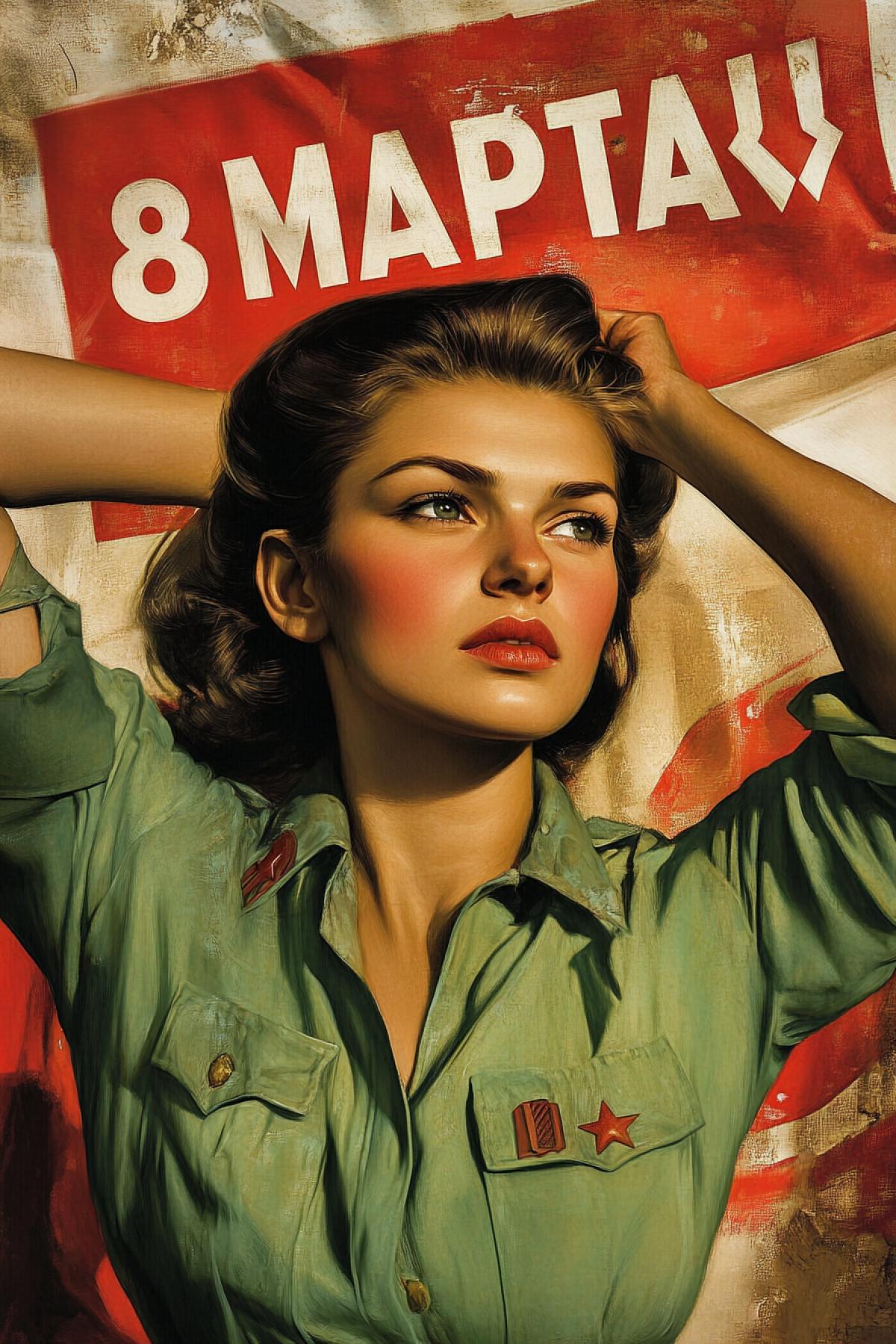 A 1950 photo, feminist revolutionary propaganda, With the text \"8 MAPTA\", beautiful Woman, Socialist Realism, Photorealism, hyper details