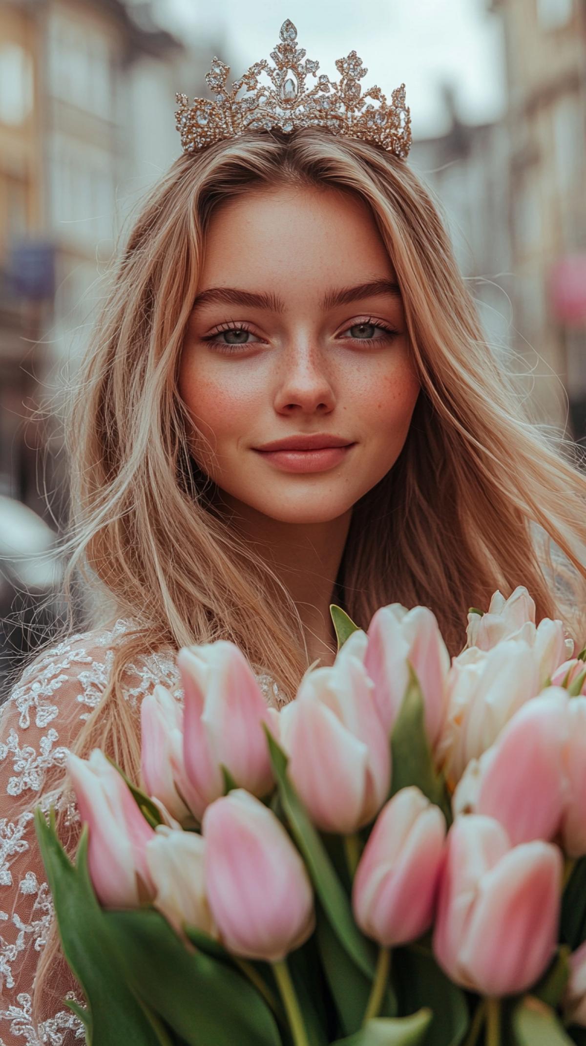 A 25-year-old girl on a city street, wearing lace and gold jewelry on her head, with long blonde hair and a diamond tiara on her forehead. the smile is mysterious and gentle. She is dressed in a magnificent dress. in the hands of a big bouquet of tulips. She looks at the camera. pink pastel colors. It has a spring atmosphere and lots of light. The picture was taken using a Nikon D850 camera and a Nikon AF-s NIKKOR 70-200mm f/2.8E FL ED VR lens, in bright light, creating a feeling of softness and unearthiness, with a shallow depth of field