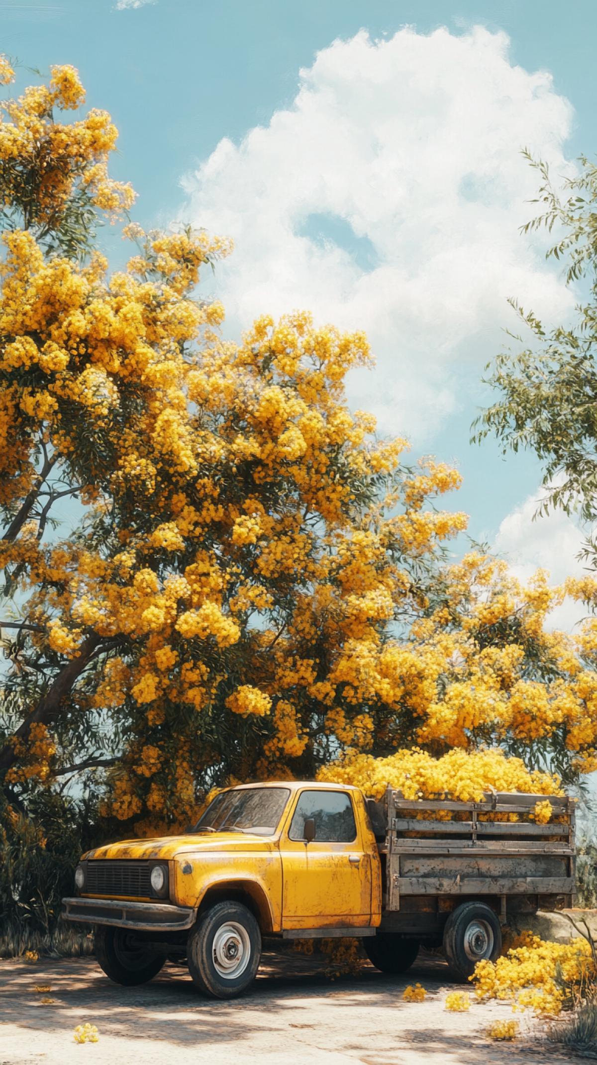 A pickup with a full trailer of the flowers of mimosa. Spring. A lot of sun. Photo realism. High detail