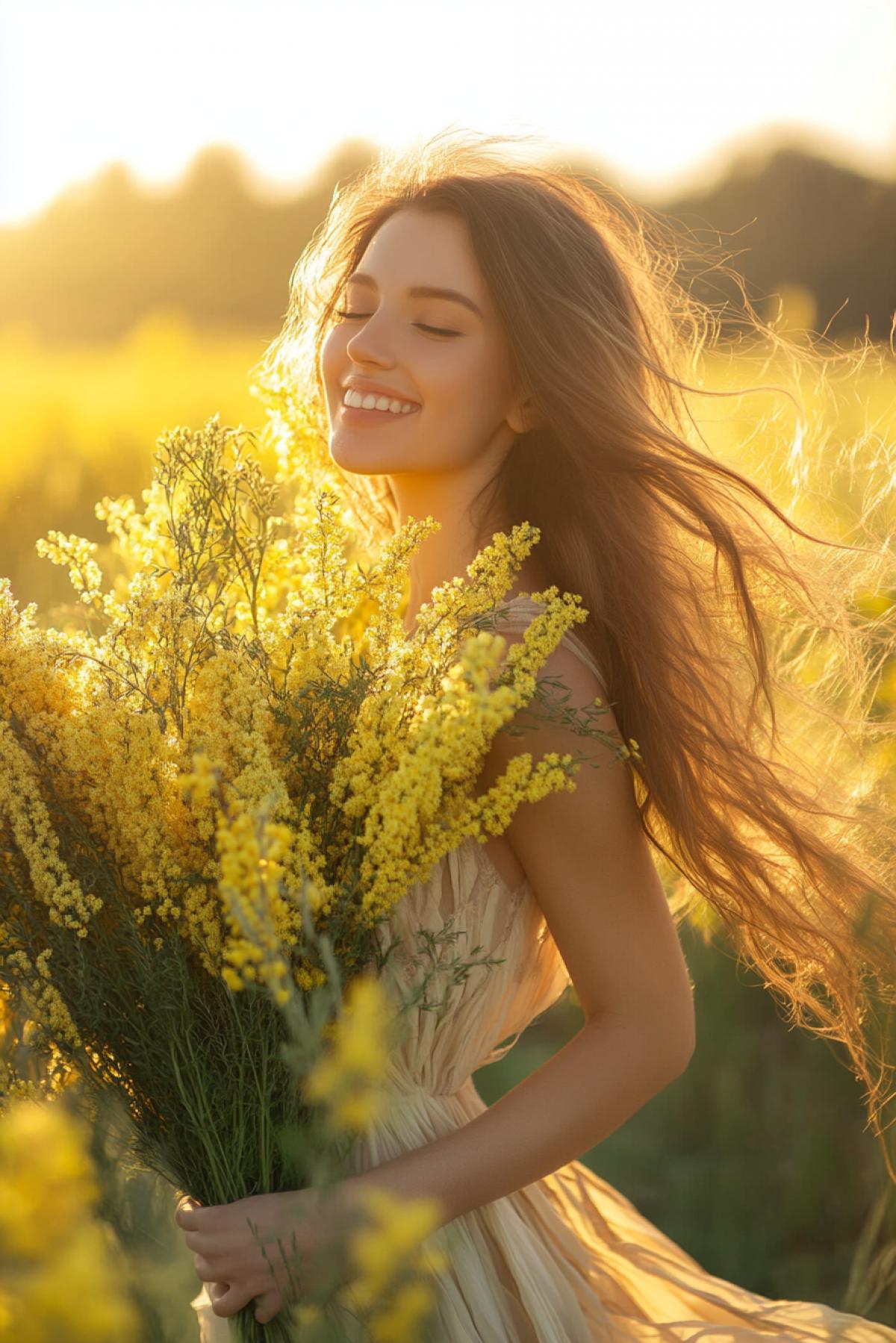 A woman in a flowing dress holding a bouquet of mimosa branches, standing in a field of blooming spring flowers, soft sunlight illuminating her smile, vibrant yellow and green tones, cinematic com4k, joyful and empowering mood, high detail