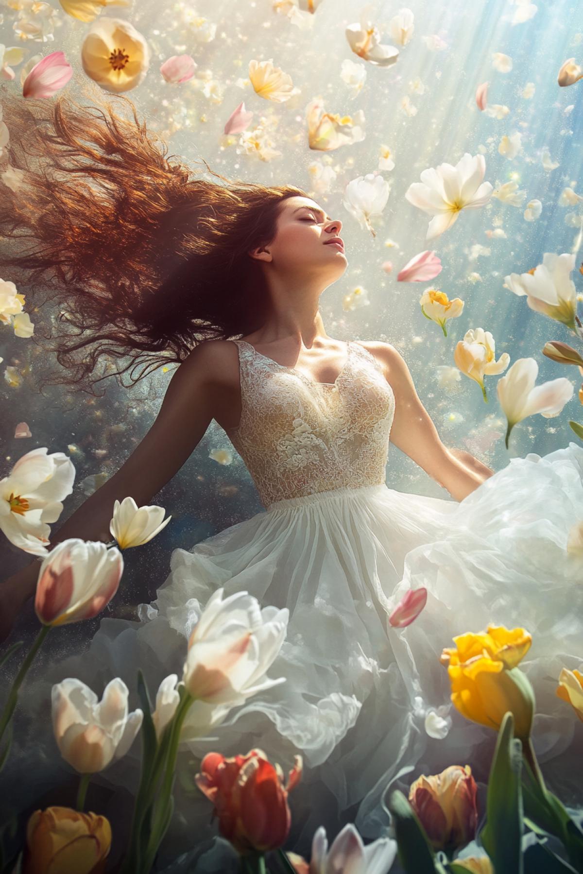A surreal scene of a woman floating in the air surrounded by blooming flowers (tulips, roses, daffodils), her dress made of petals, soft pastel colors, magical lighting, dreamlike atmosphere, highly detailed, artistic and empowering mood