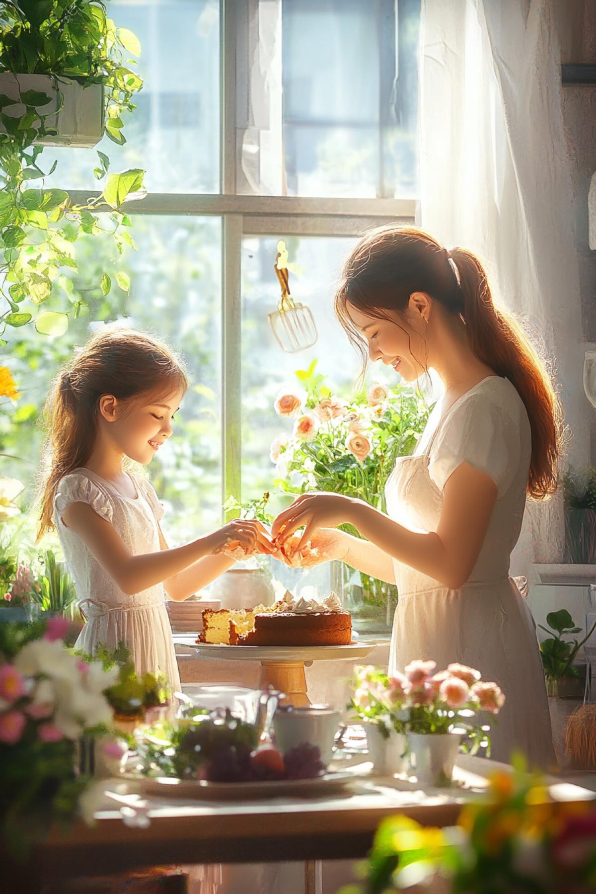 A cozy home scene on 8 марта, a mother and daughter baking a cake together, fresh flowers on the table, warm sunlight filling the room, soft pastel tones, nostalgic and heartwarming mood, hyper-detailed, cinematic com4k