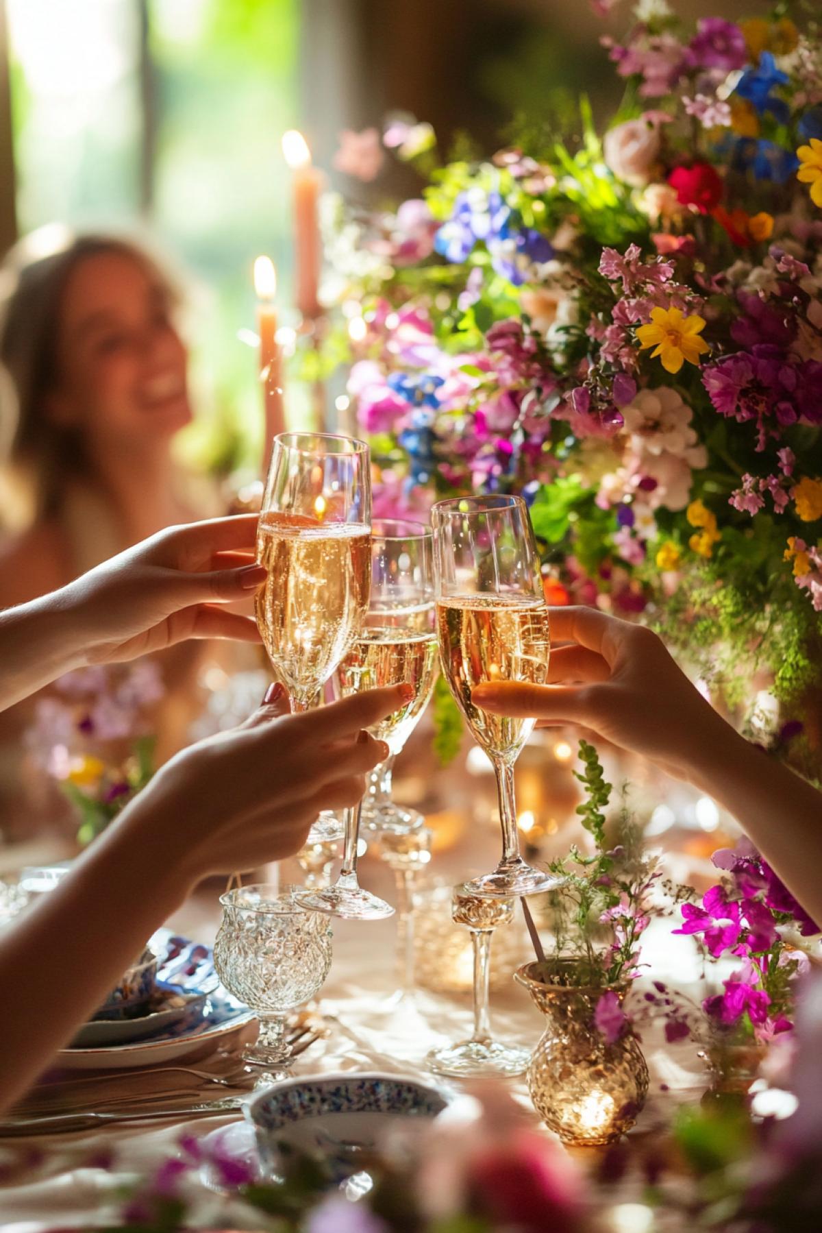 A festive table set for 8 марта, decorated with spring flowers, candles, and elegant dishes, a group of women laughing and toasting with champagne, warm golden light, vibrant colors, hyper-realistic rendering, joyful and celebratory atmosphere