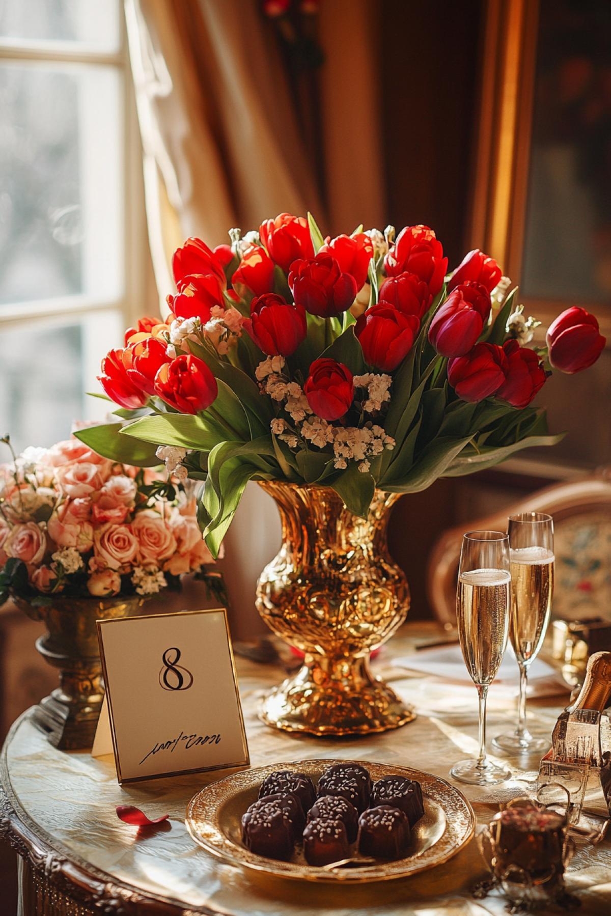 A luxurious bouquet of red roses and tulips in a golden vase, soft sunlight streaming through a window, elegant table setting with champagne and chocolates, a handwritten note saying 8 марта, pastel pink and gold tones, cinematic atmosphere, hyper-detailed, romantic and festive mood