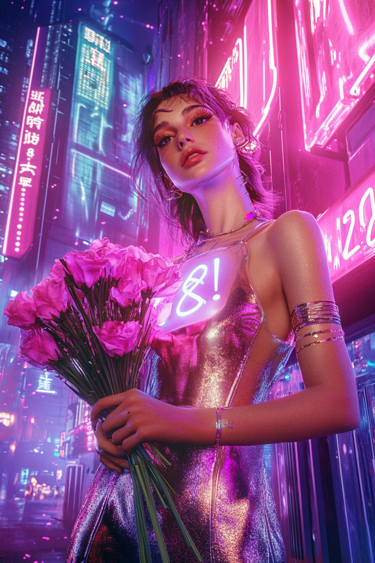 A futuristic celebration of 8 марта: women in sleek metallic dresses holding holographic bouquets of flowers, a cityscape with neon lights and floating banners saying С 8 марта!, vibrant pink and purple tones, sci-fi atmosphere, hyper-detailed, empowering and futuristic mood