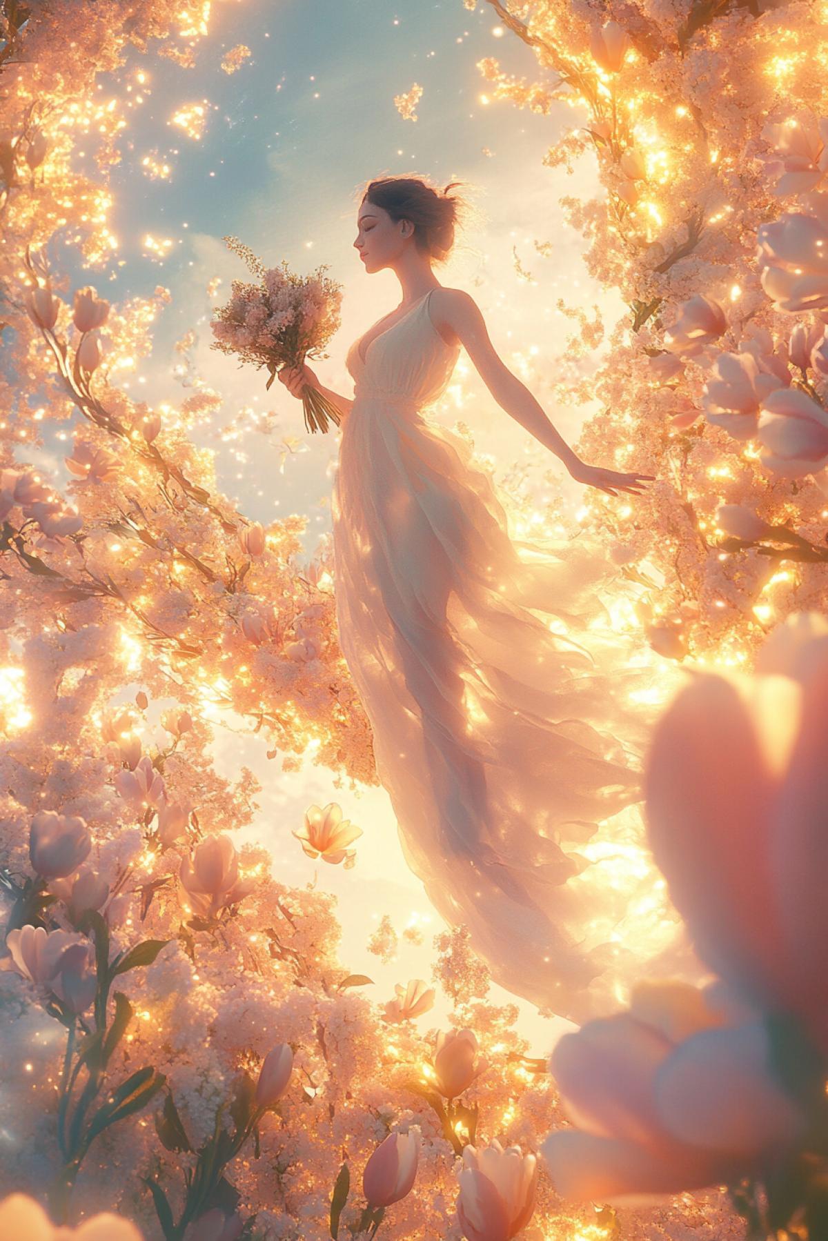 A surreal 8 марта scene: a woman standing on a big floating mimosa branch, holding a bouquet of tulips, the sky filled with blooming flowers and golden light, soft pastel tones, magical and empowering mood, hyper-detailed, artistic rendering