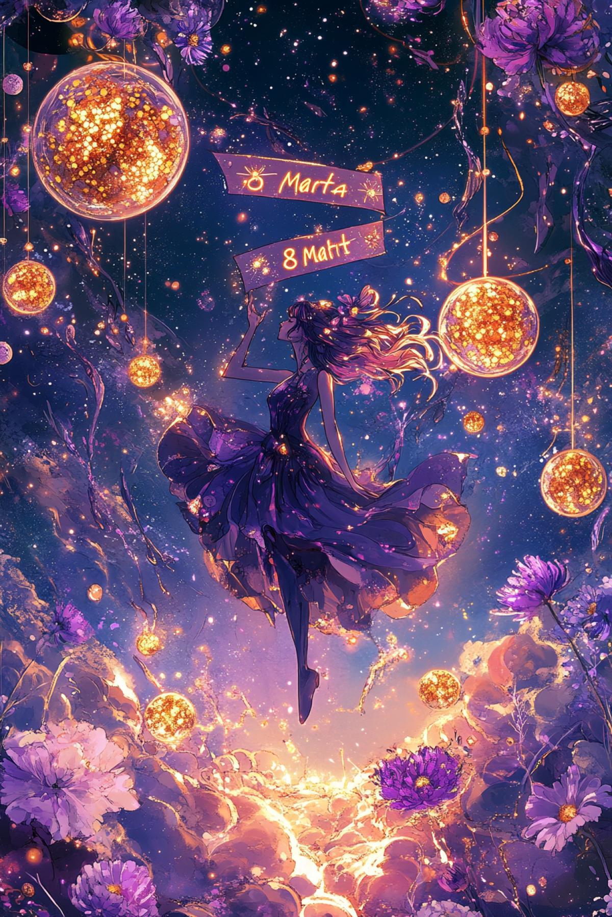 A cosmic 8 марта: women floating in space surrounded by glowing flowers and stars, planets shaped like mimosa blossoms, a big banner in the sky saying С 8 марта!, deep purple and gold tones, sci-fi atmosphere, hyper-detailed, empowering and magical mood