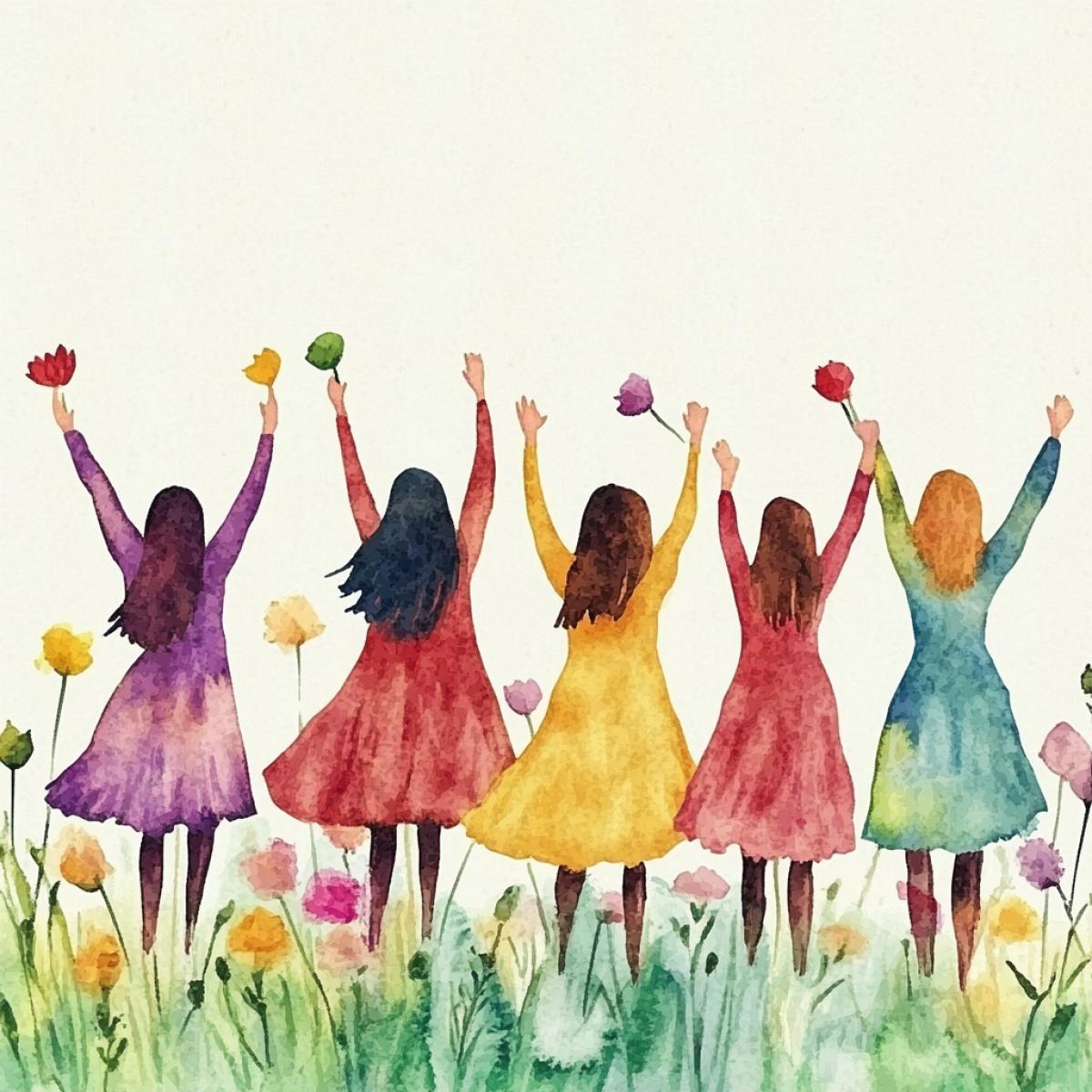 Women March 8, spring. In the style of watercolor