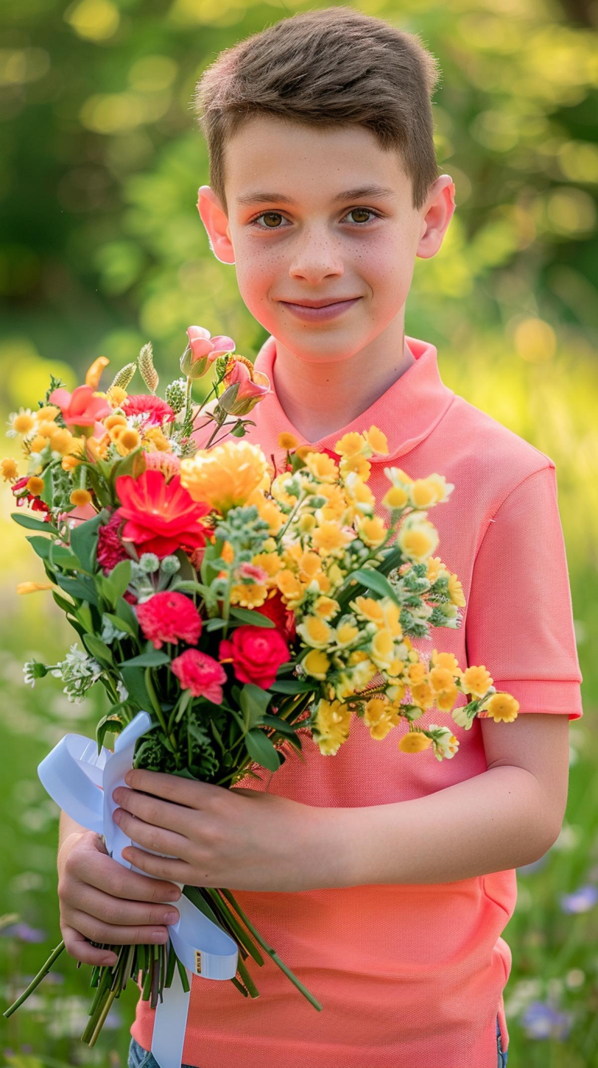 A boy in bright polo with a bow extends a large bouquet into the camera, a staged photo, high quality, photo shoot in the spring meadow