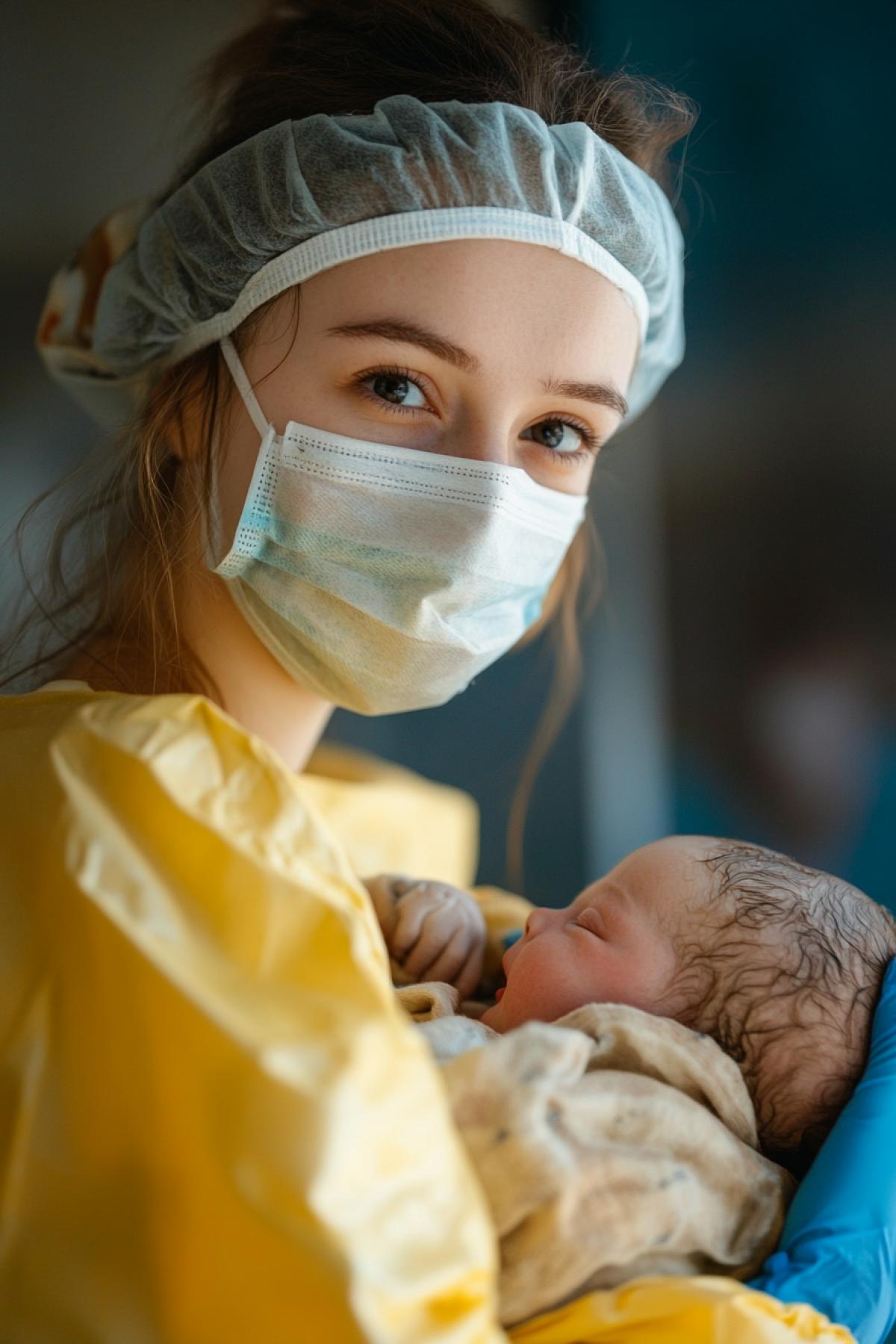 Hospital Chamber. The girl is a doctor in a medical mask and shows only a born child to the camera