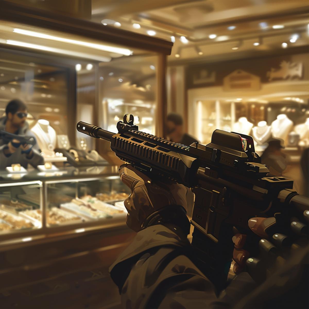 In the foreground, hands with weapons, in the background jewelry store with hostages