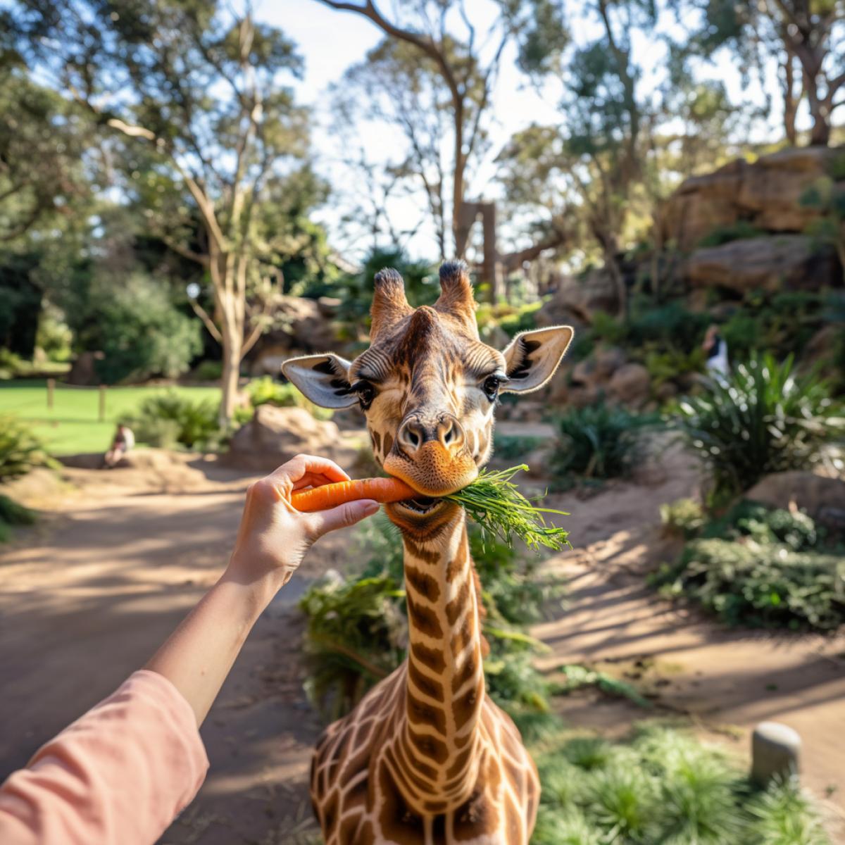 I feed the giraffe, the firstperson photo, in the foreground is a female hand with carrots with grass, the giraffe is chewing, in the background Safari Park