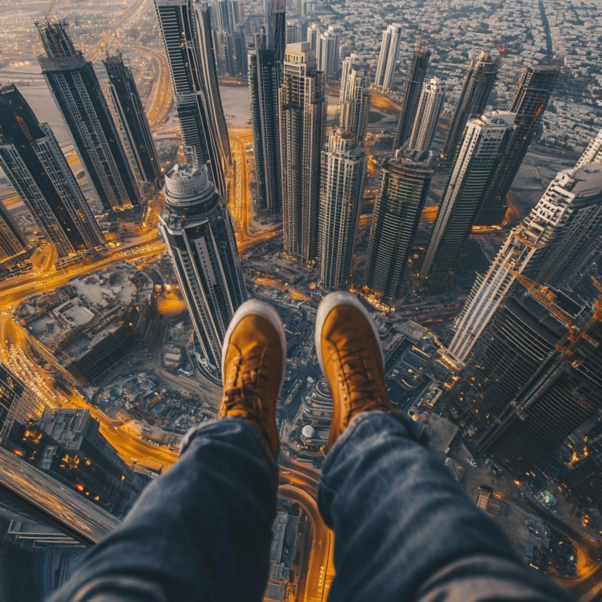 So on the edge of the roof of the skyscraper in Dubai on the highest roof in the foreground, my legs, a firstperson photo. Danger. Dubai is beautiful
