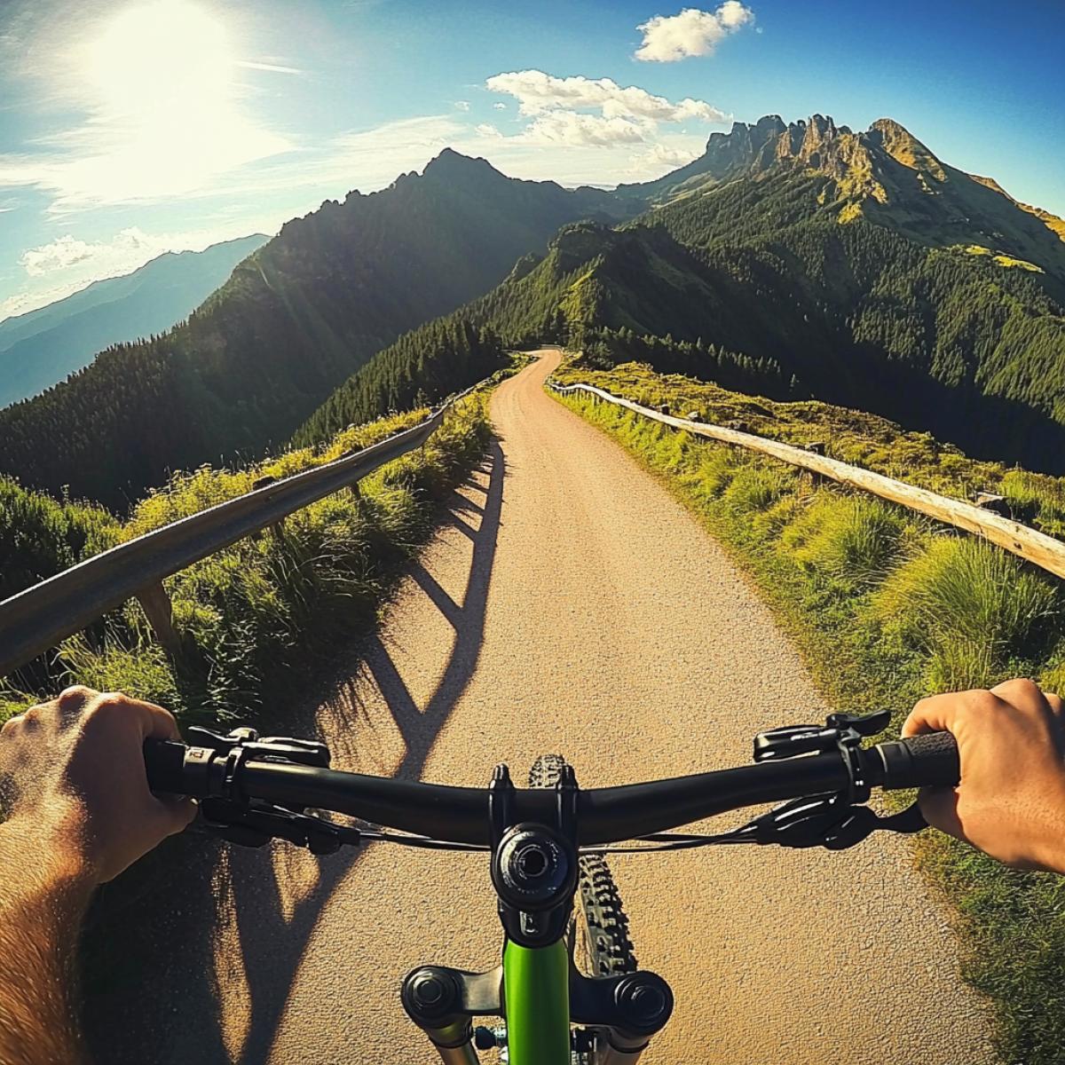 In the foreground, the hands and steering wheel of a sports bicycle, traveling along a beautiful dangerous road in the mountains, exciting views, spectacular