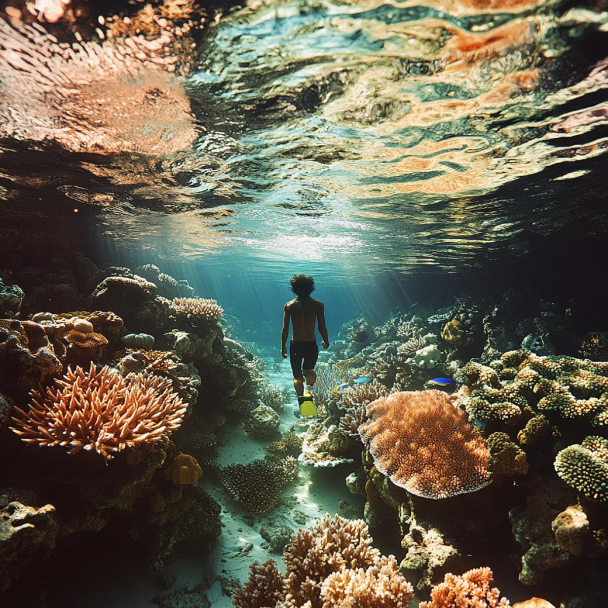 From the first person, immersion under water, corals, fish. Volume, effect of presence