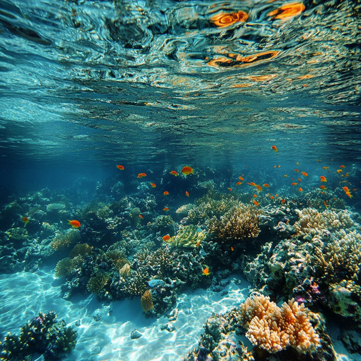 From the first person, immersion under water, corals, fish. Volume, effect of presence
