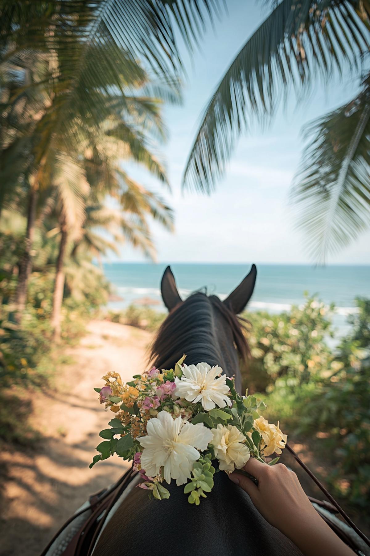 Im going on a horse, in the foreground my female beautiful hands that lead a horse, in the other hand a bouquet with flowers, against the background of beautiful views of the sea, palm trees, a resort in Thailand, firstperson photo