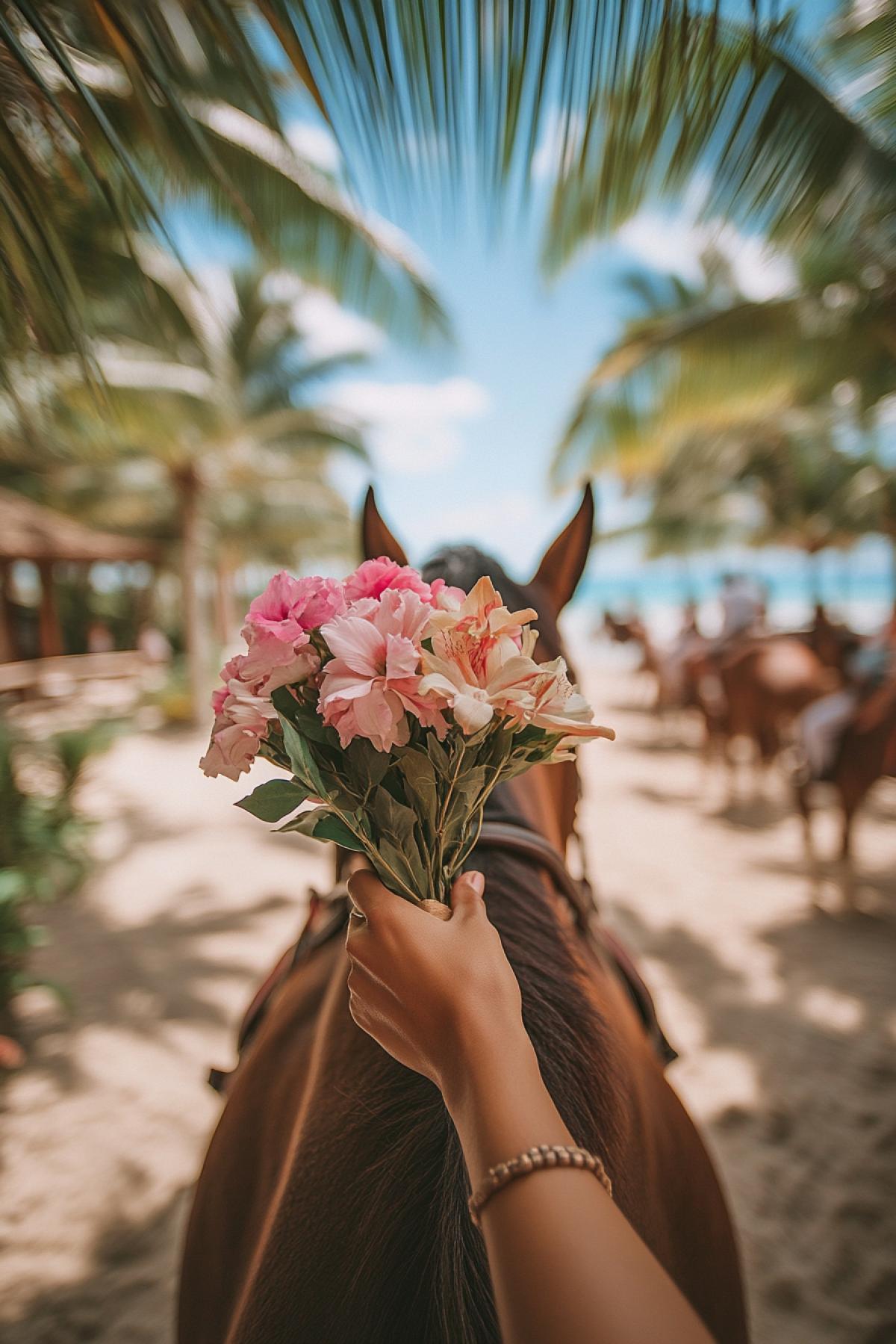 Im going on a horse, in the foreground my female beautiful hands that lead a horse, in the other hand a bouquet with flowers, against the background of beautiful views of the sea, palm trees, a resort in Thailand, firstperson photo