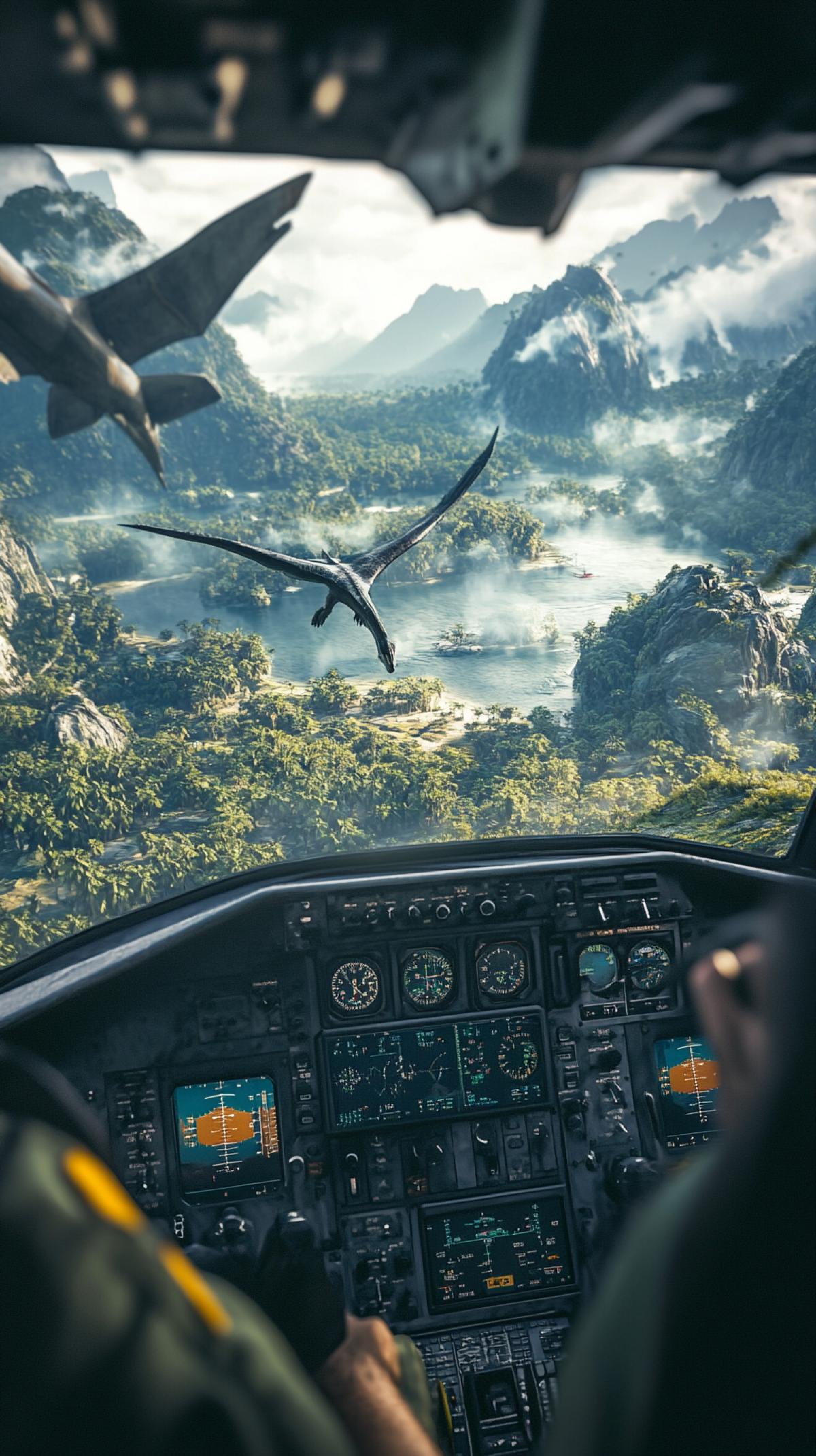 First-person view of a man at the controls of an airplane. the wide picture captures the entire view from inside the aircraft. flying over an island with dinosaurs. a shot from the movie Jurassic Park. hyper-realistic image, cinematic quality, high resolution, cinematic sensations, photorealistic 3D rendering