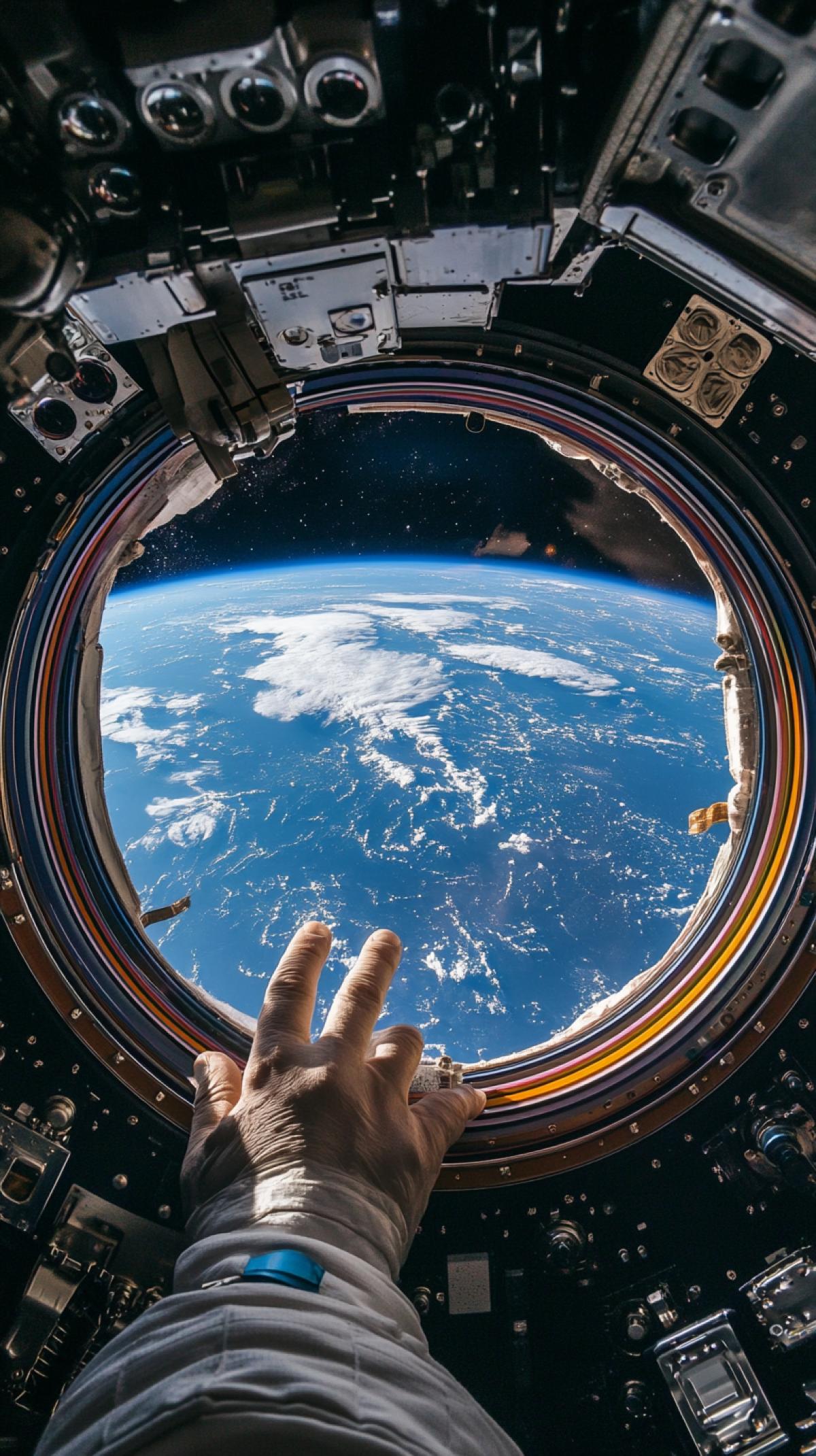 Astronaut, first-person photo. We see an astronauts hand and a porthole in the International Space Station. We see planet Earth through the porthole. Impressive. High detail. The picture was taken with a Nikon D850 camera and a Nikon AF-s NIKKOR 70-200mm f/2.8E FL ED VR lens.